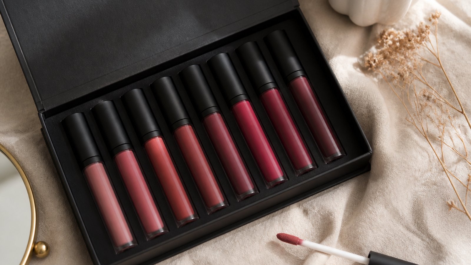Budget eight-piece matte liquid lipstick set flat lay
