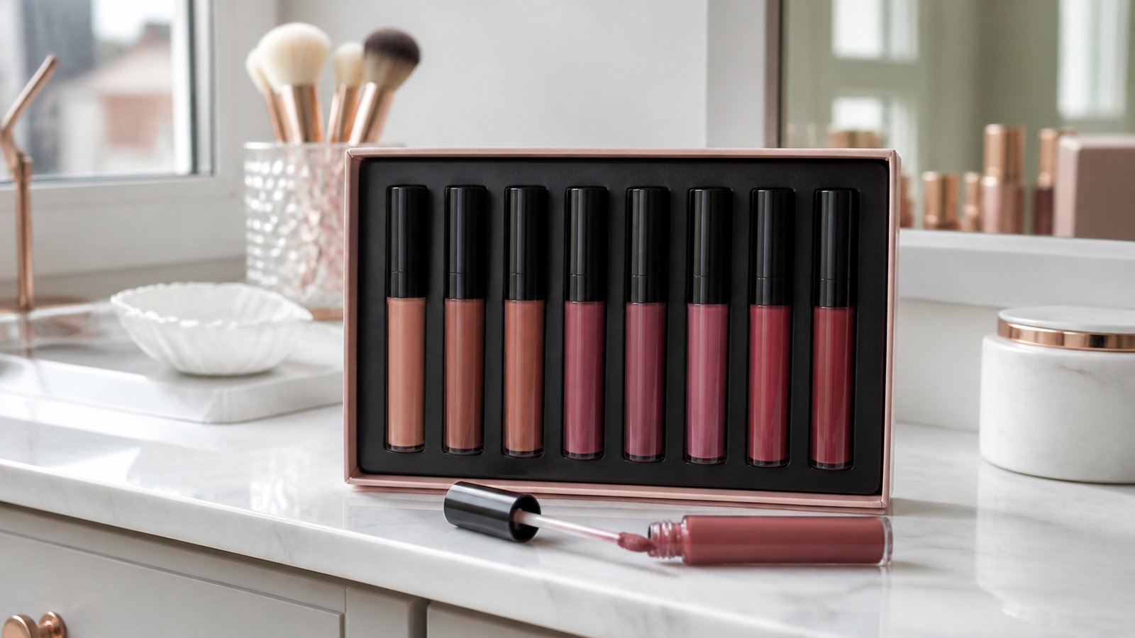 Everyday nude matte liquid lipstick shades on a vanity