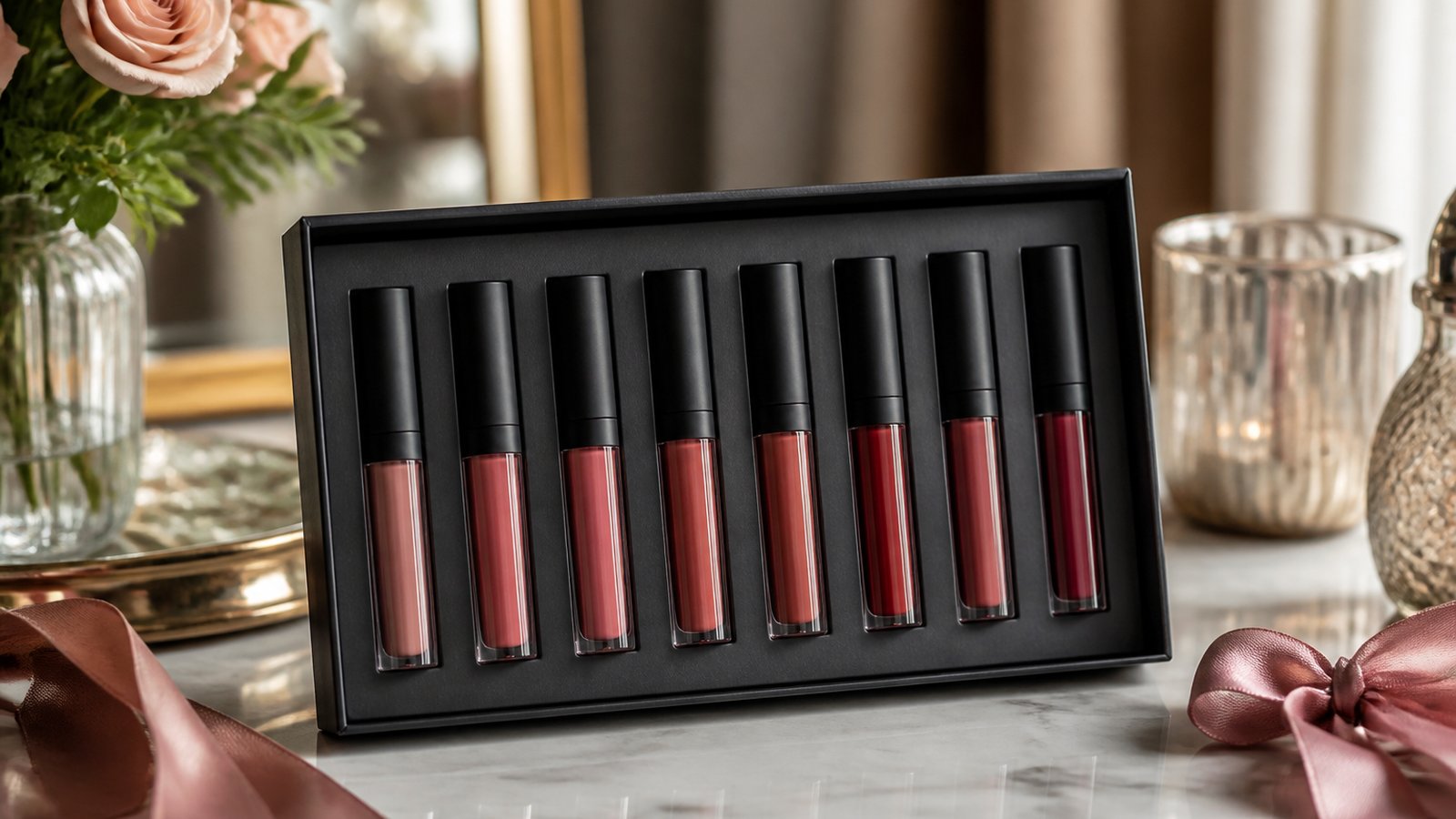 Gift-ready boxed matte liquid lipstick set on a dressing table