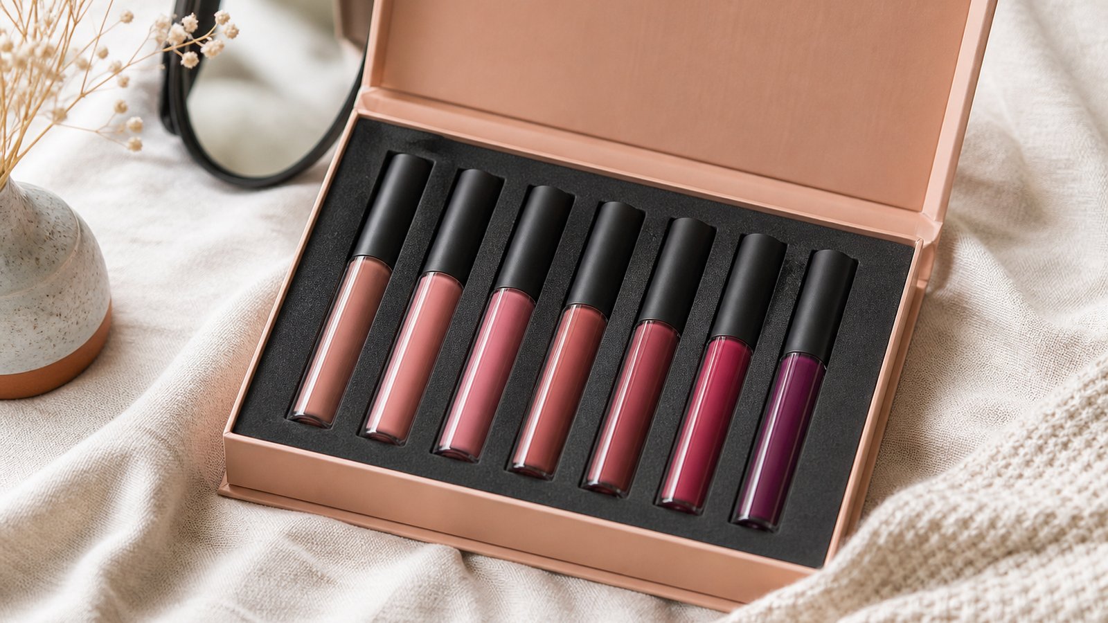 Budget eight-piece matte liquid lipstick set flat lay