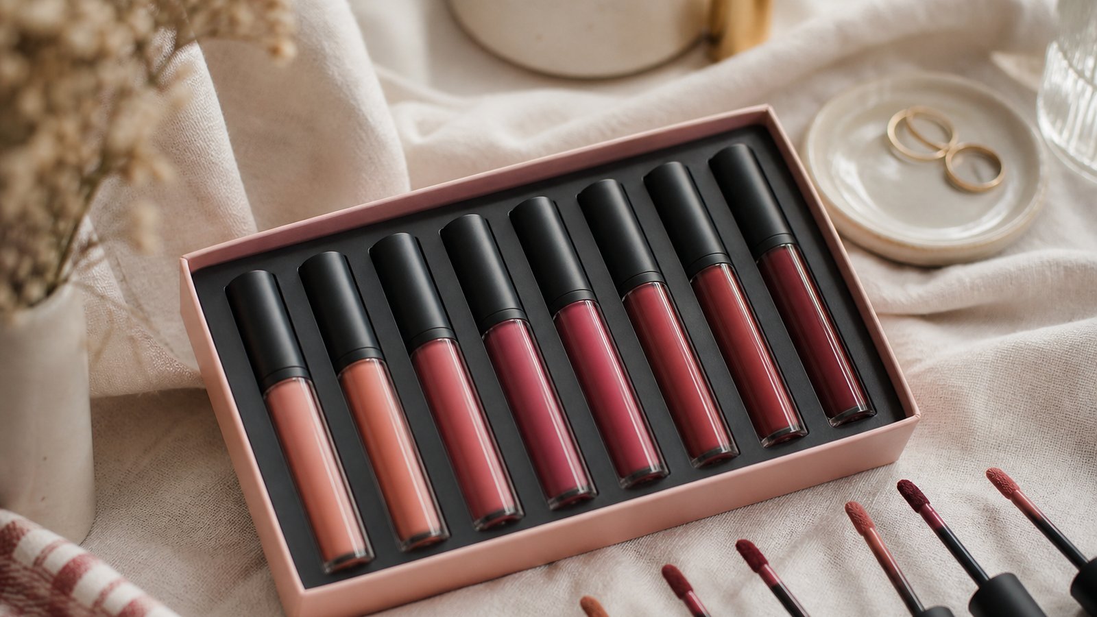 Budget eight-piece matte liquid lipstick set flat lay