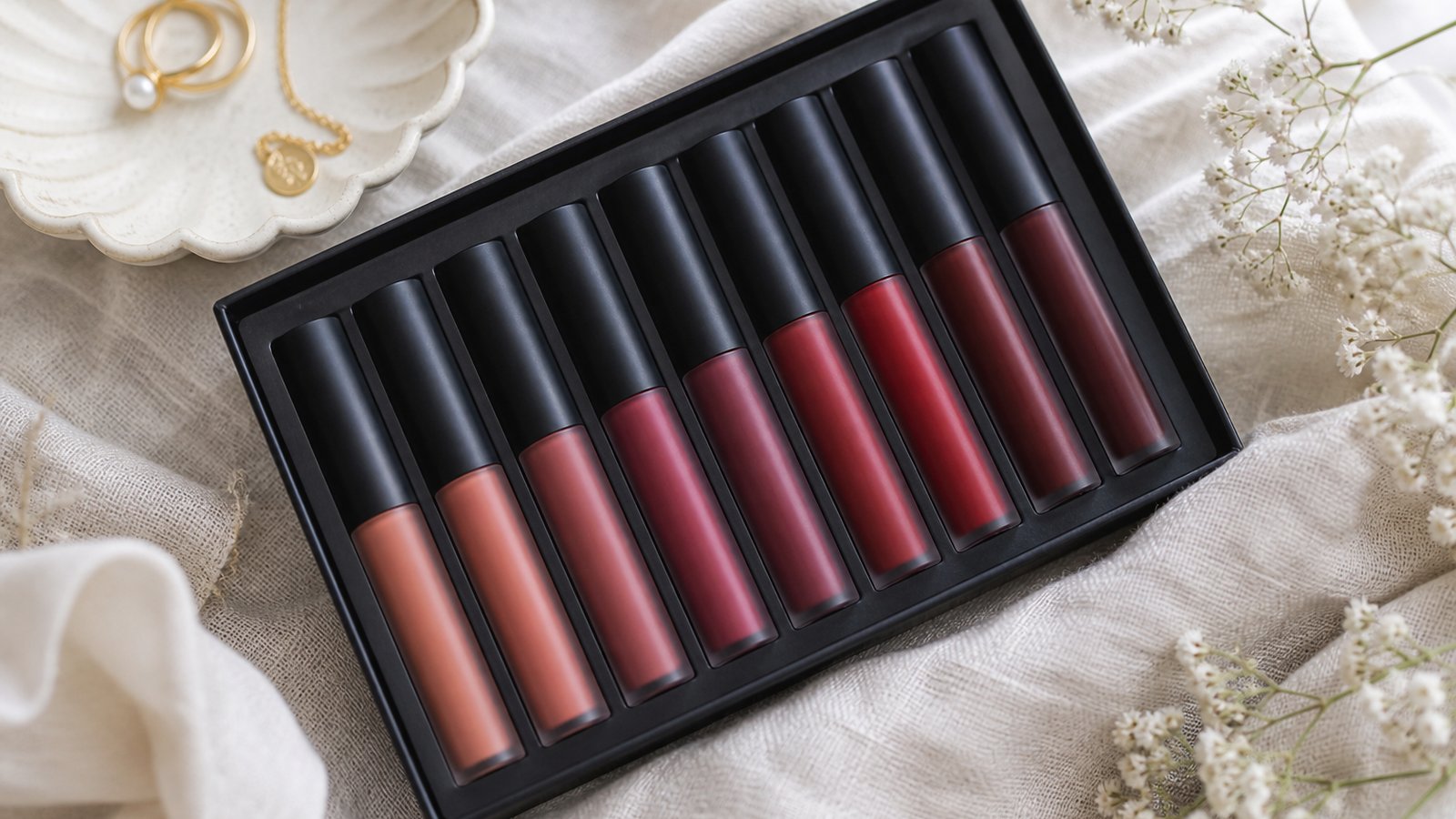 Budget eight-piece matte liquid lipstick set flat lay