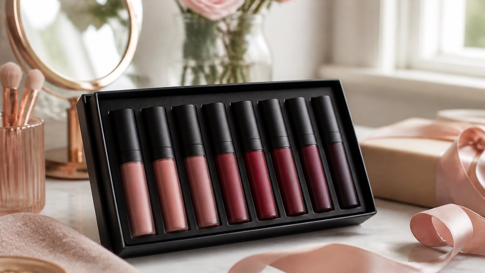 Gift-ready boxed matte liquid lipstick set on a dressing table