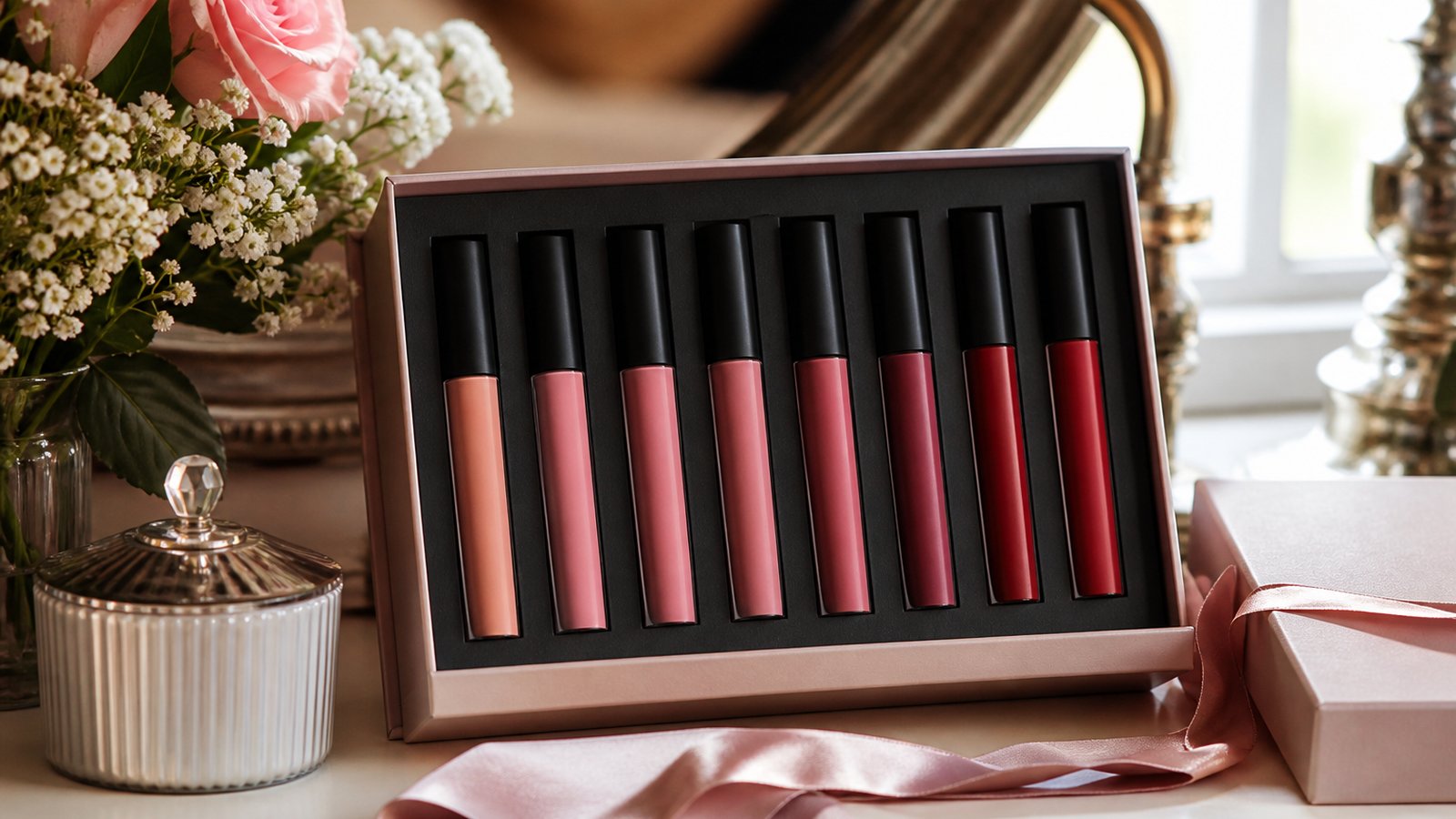 Gift-ready boxed matte liquid lipstick set on a dressing table