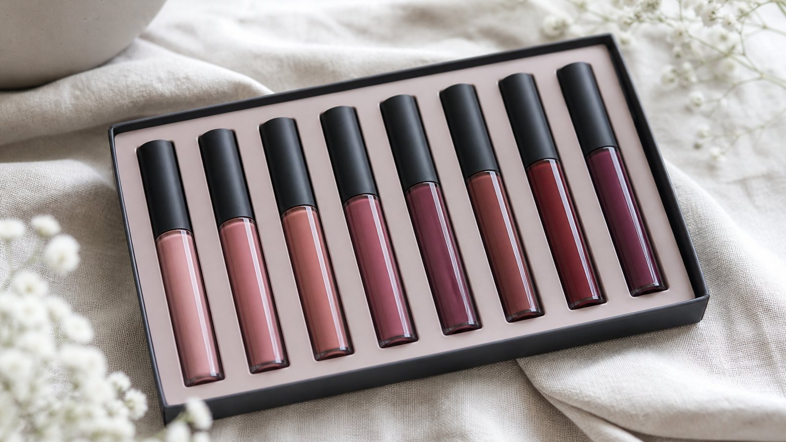 Budget eight-piece matte liquid lipstick set flat lay