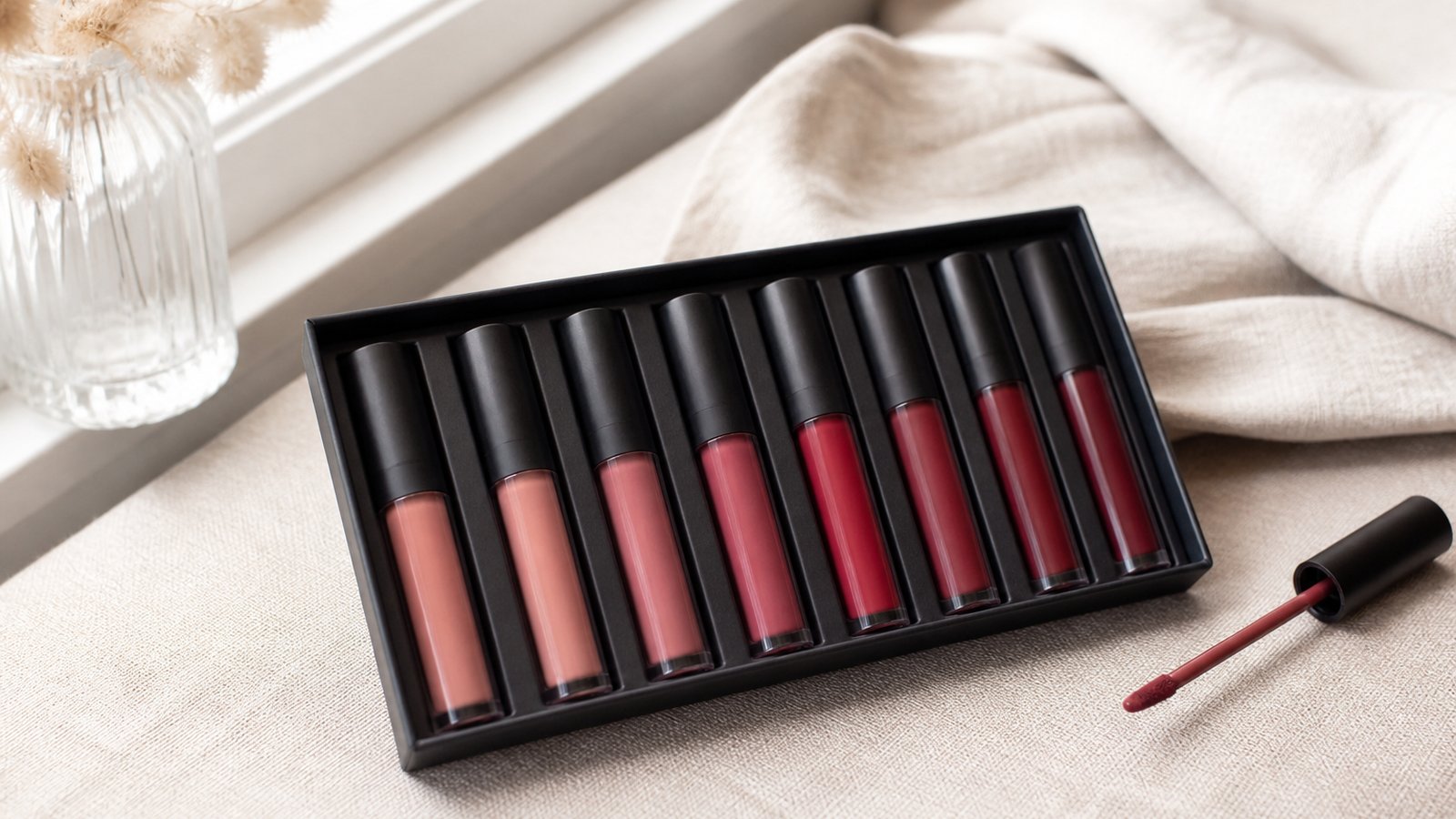 Budget eight-piece matte liquid lipstick set flat lay