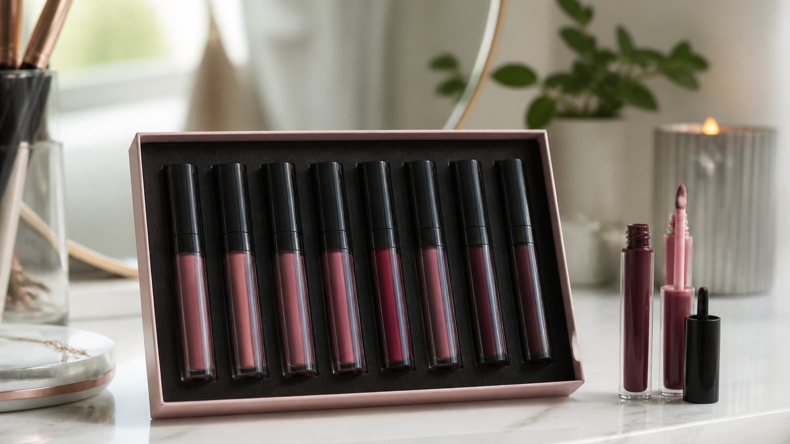 Eight-piece matte liquid lipstick set on a UK vanity