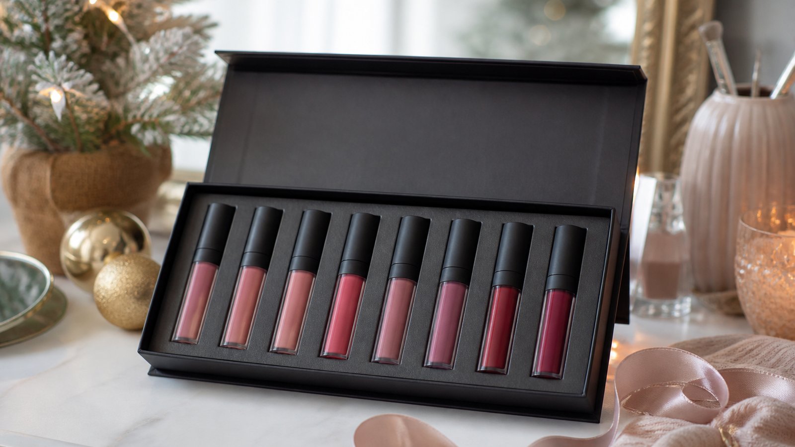 Gift-ready boxed matte liquid lipstick set on a dressing table