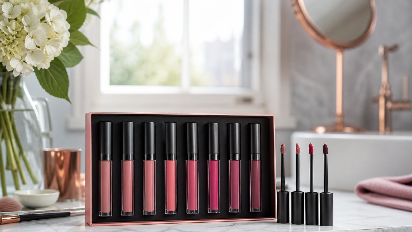 Eight-piece matte liquid lipstick set on a UK vanity
