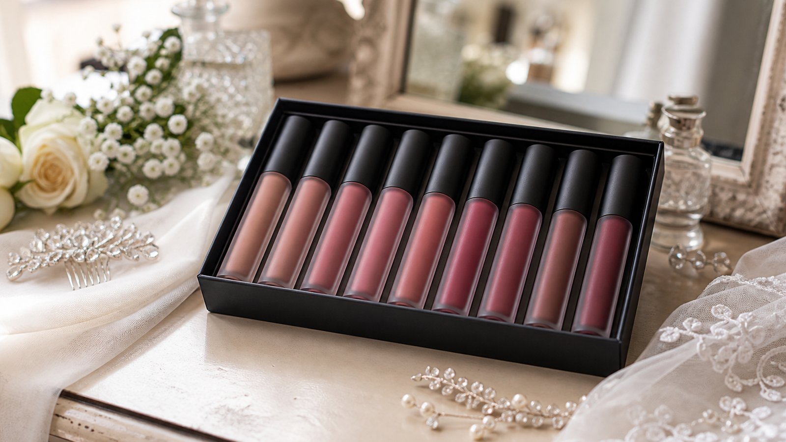Nude matte liquid lipstick tubes on a bridal vanity