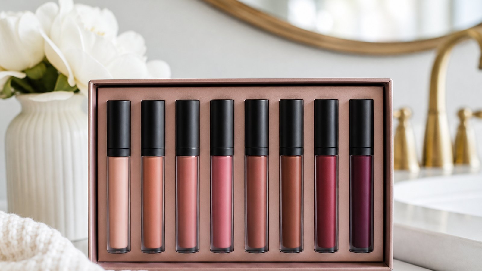 Everyday nude matte liquid lipstick shades on a vanity