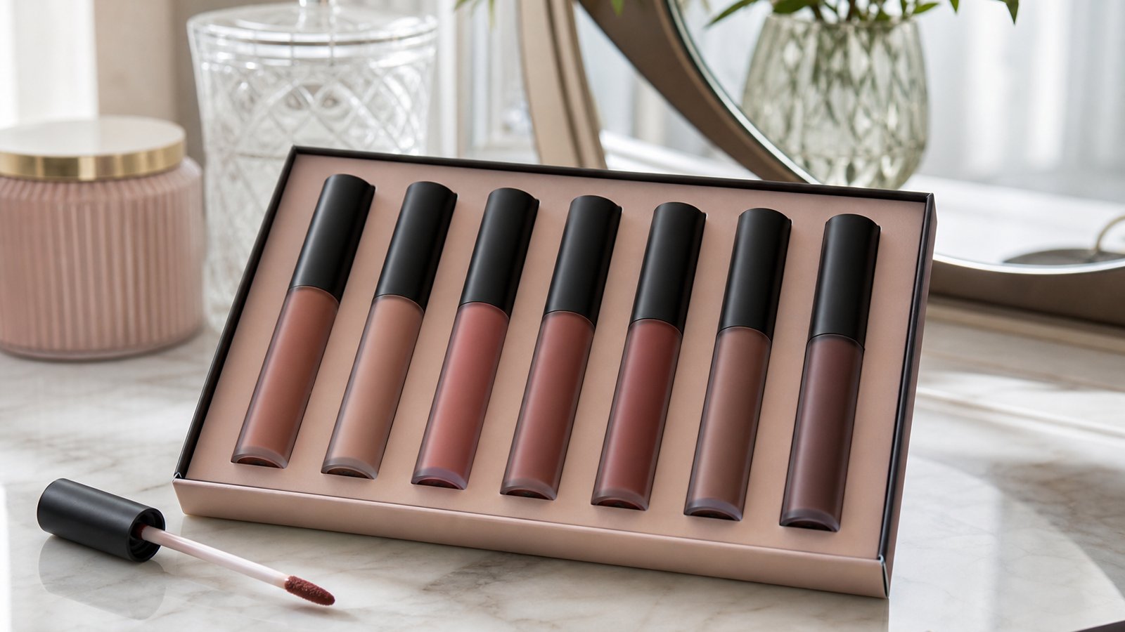 Everyday nude matte liquid lipstick shades on a vanity