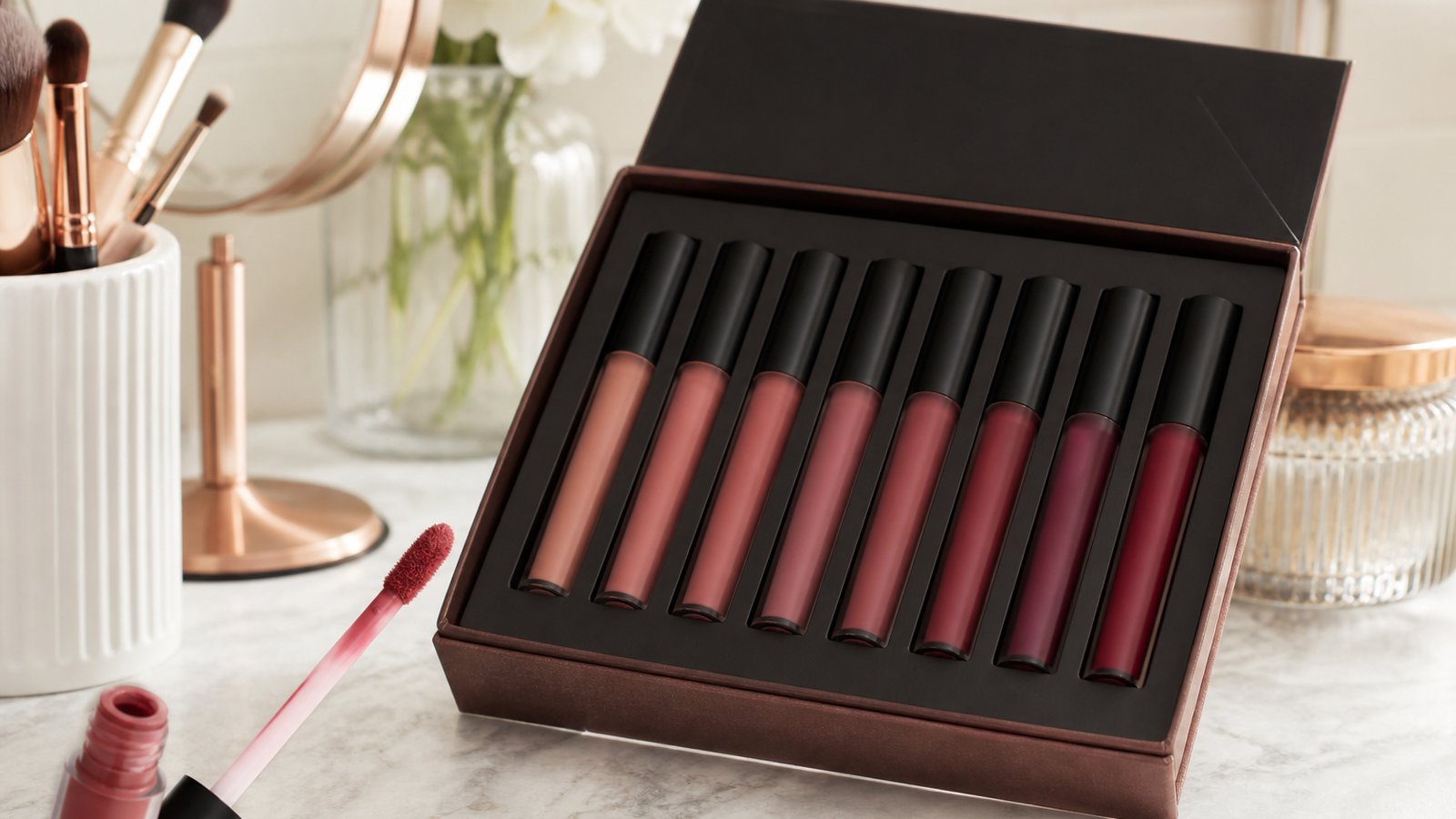 Eight-piece matte liquid lipstick set on a UK vanity