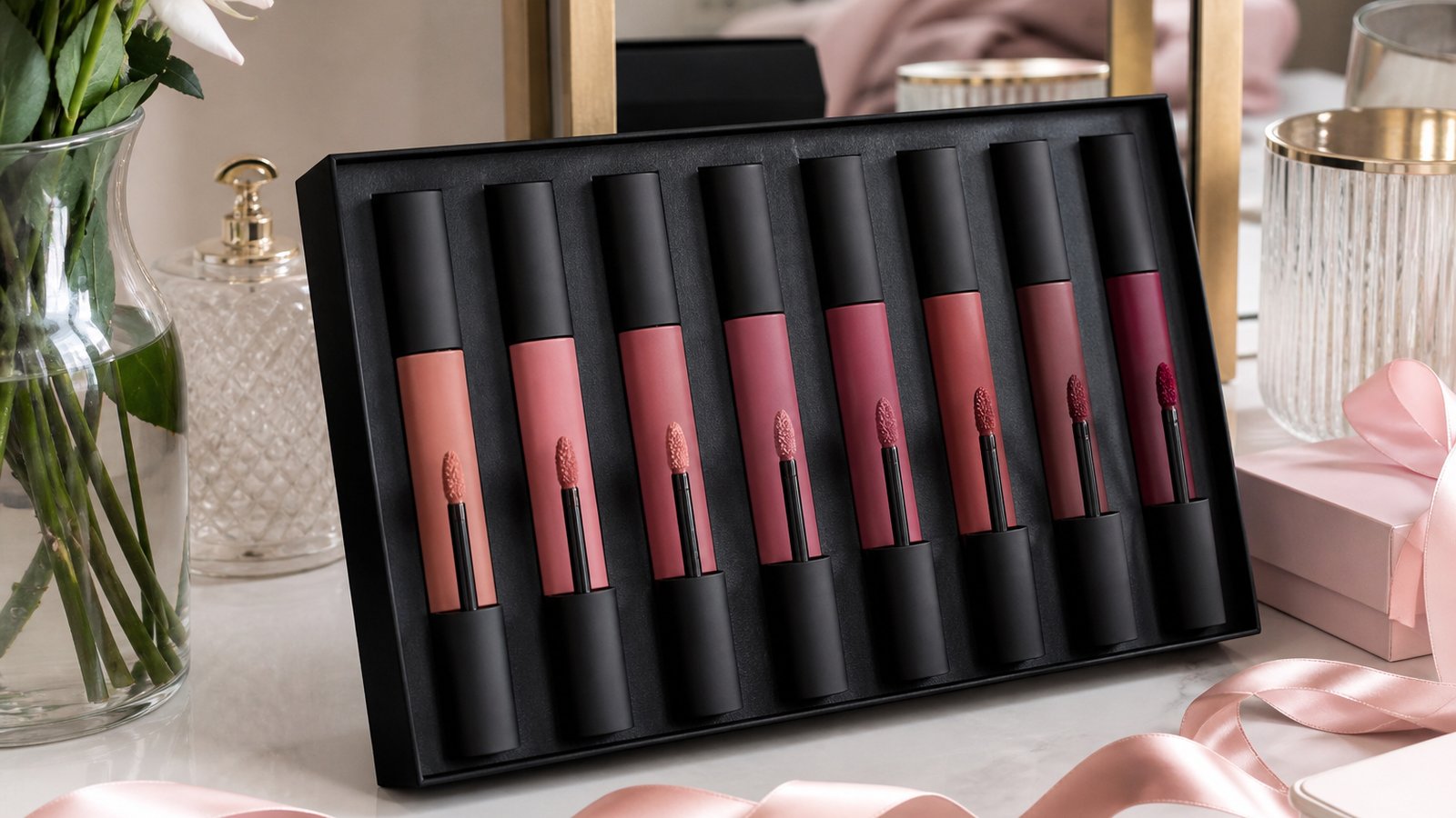 Gift-ready boxed matte liquid lipstick set on a dressing table