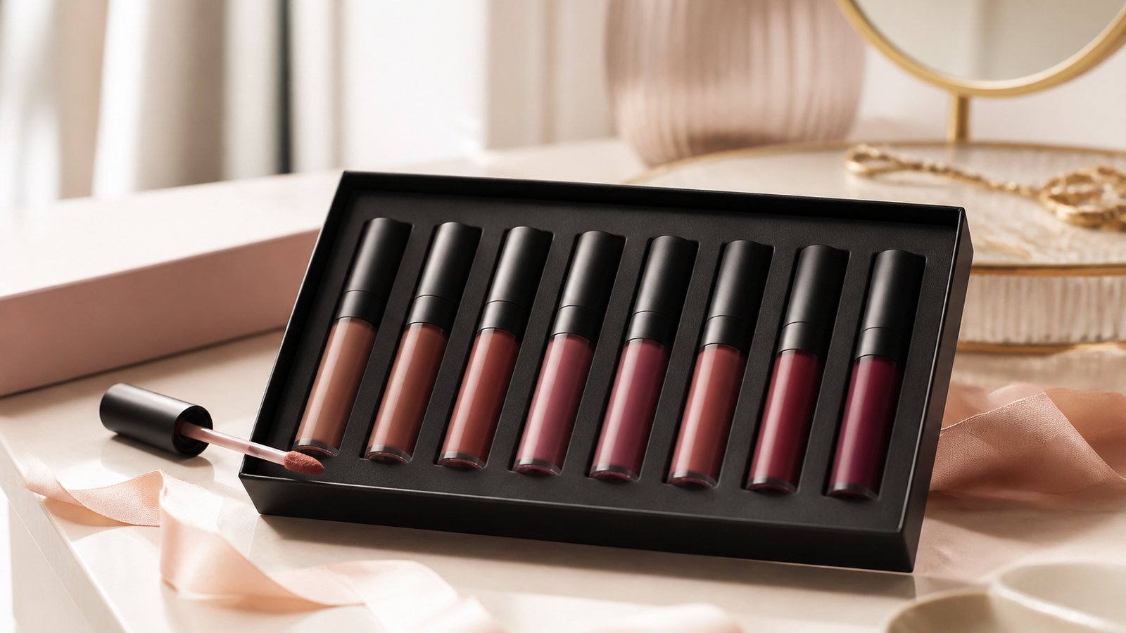 Gift-ready boxed matte liquid lipstick set on a dressing table