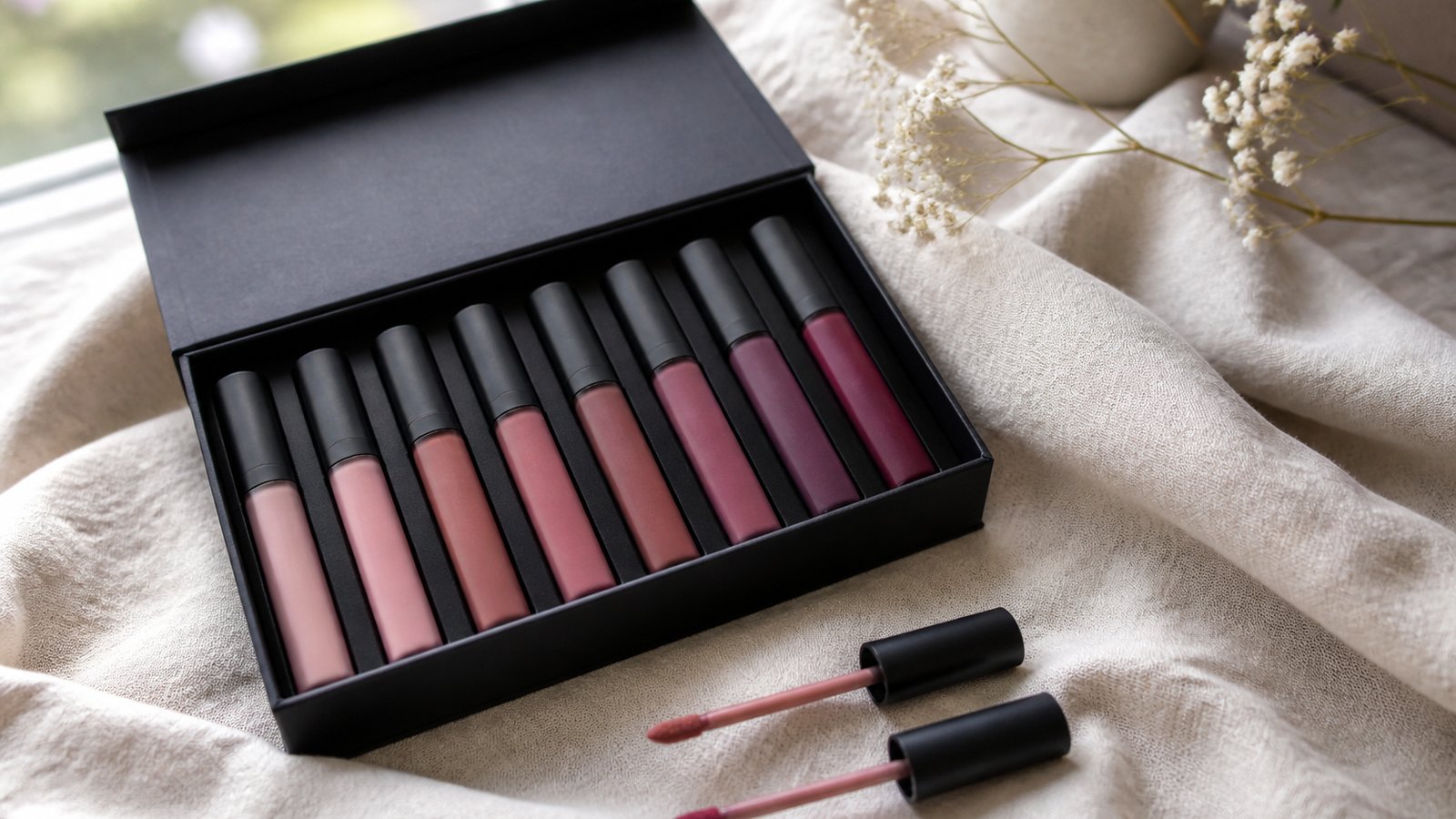 Budget eight-piece matte liquid lipstick set flat lay