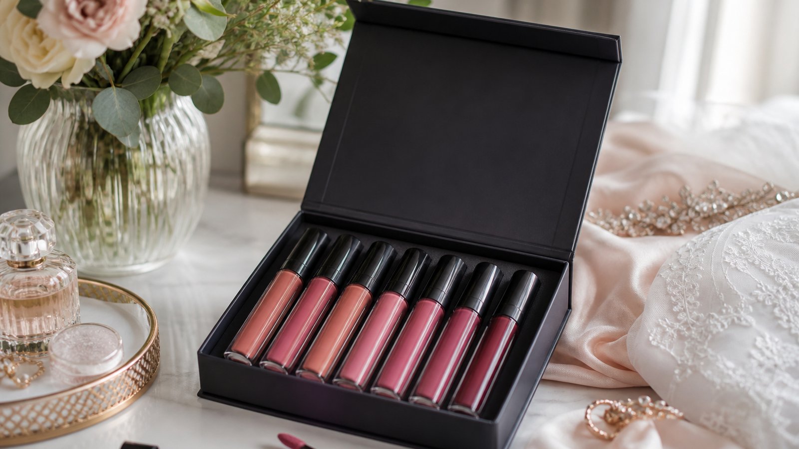 Nude matte liquid lipstick tubes on a bridal vanity
