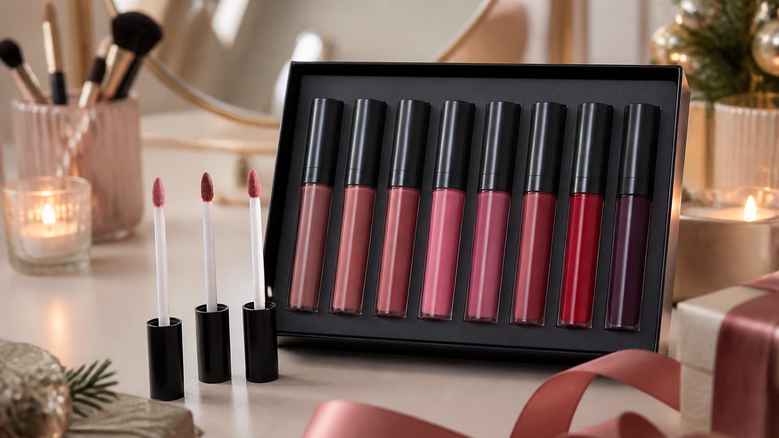 Gift-ready boxed matte liquid lipstick set on a dressing table