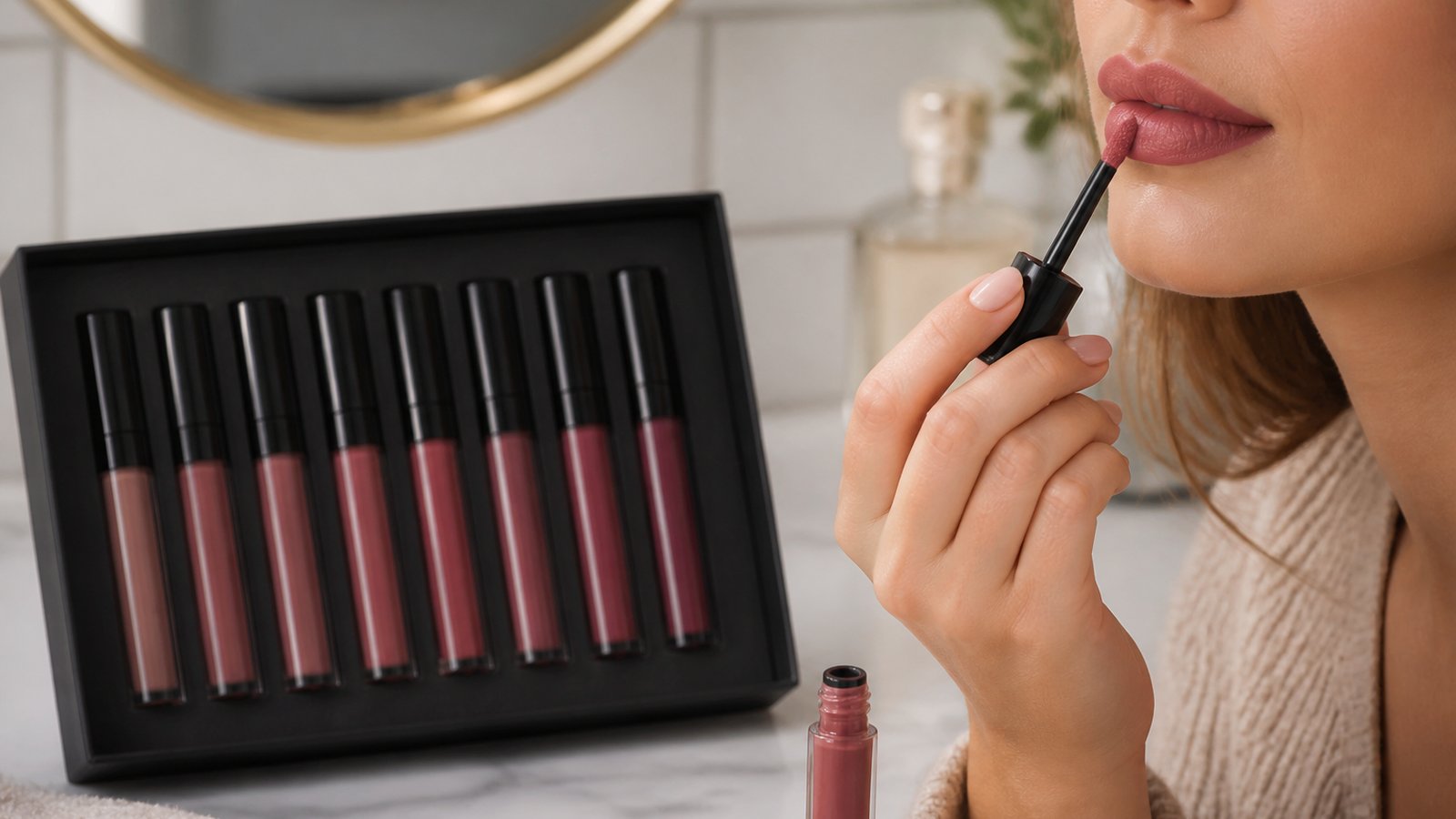 Doe-foot matte liquid lipstick applicator on a clean vanity