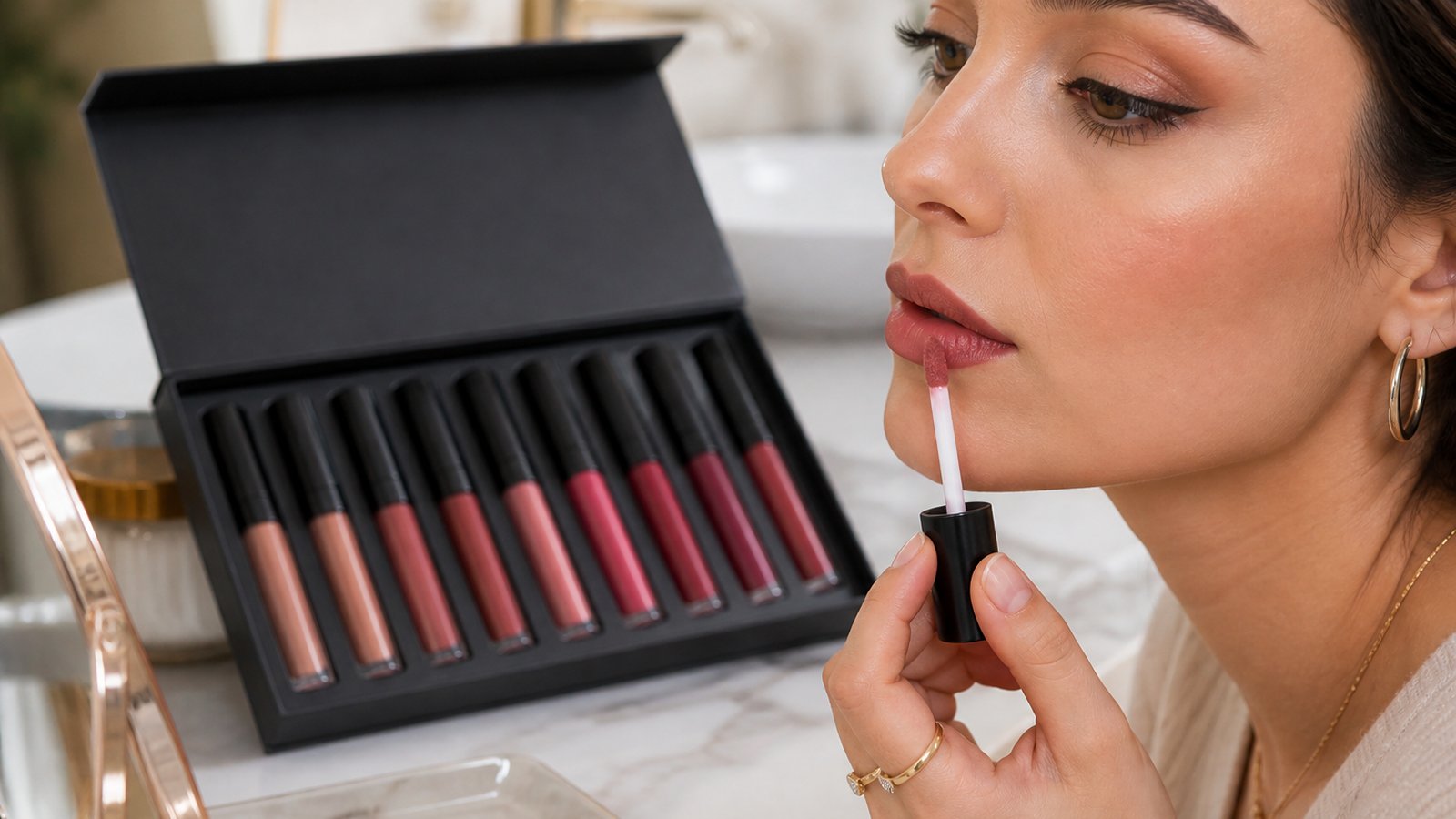 Doe-foot matte liquid lipstick applicator on a clean vanity