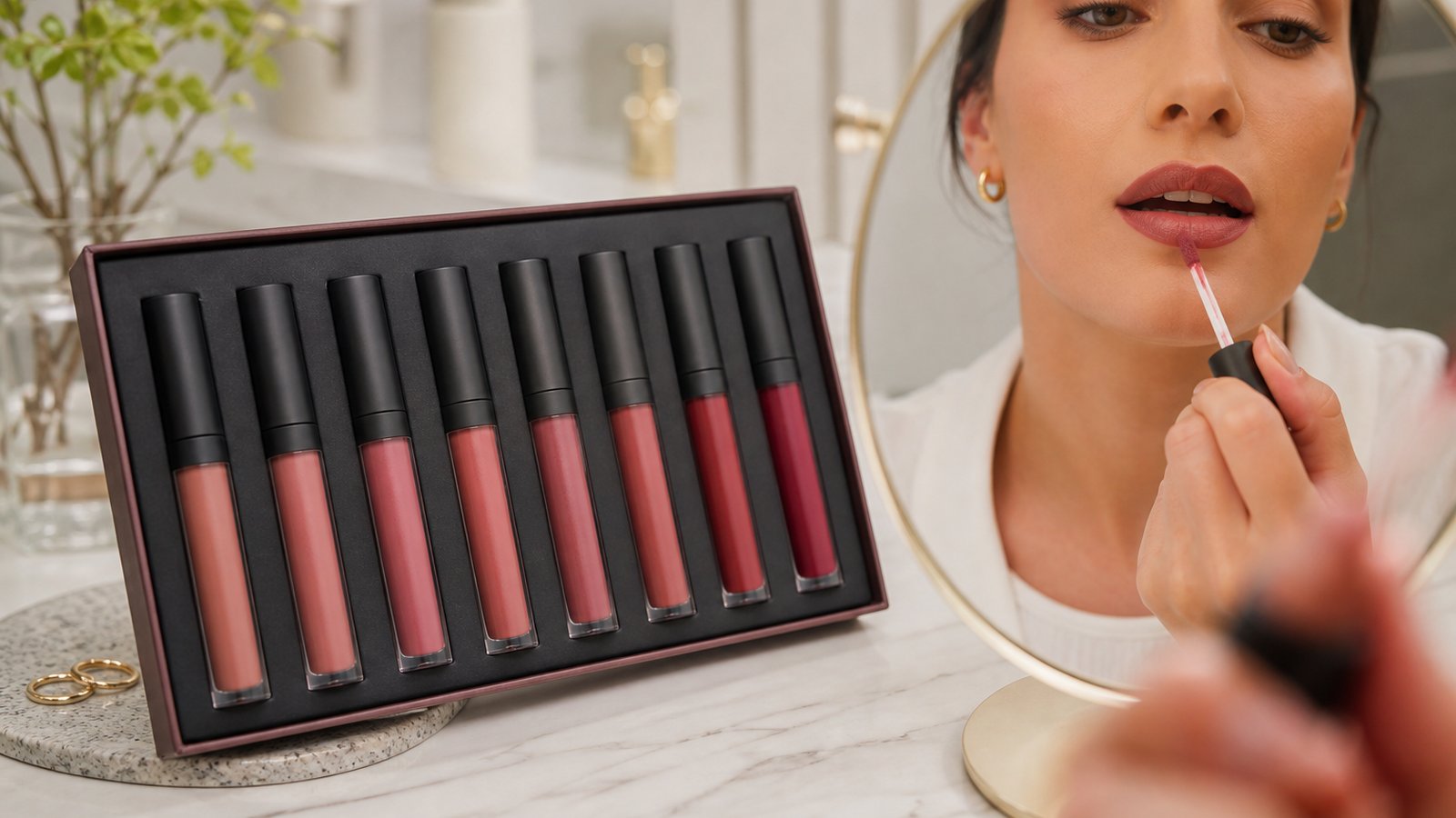 Doe-foot matte liquid lipstick applicator on a clean vanity