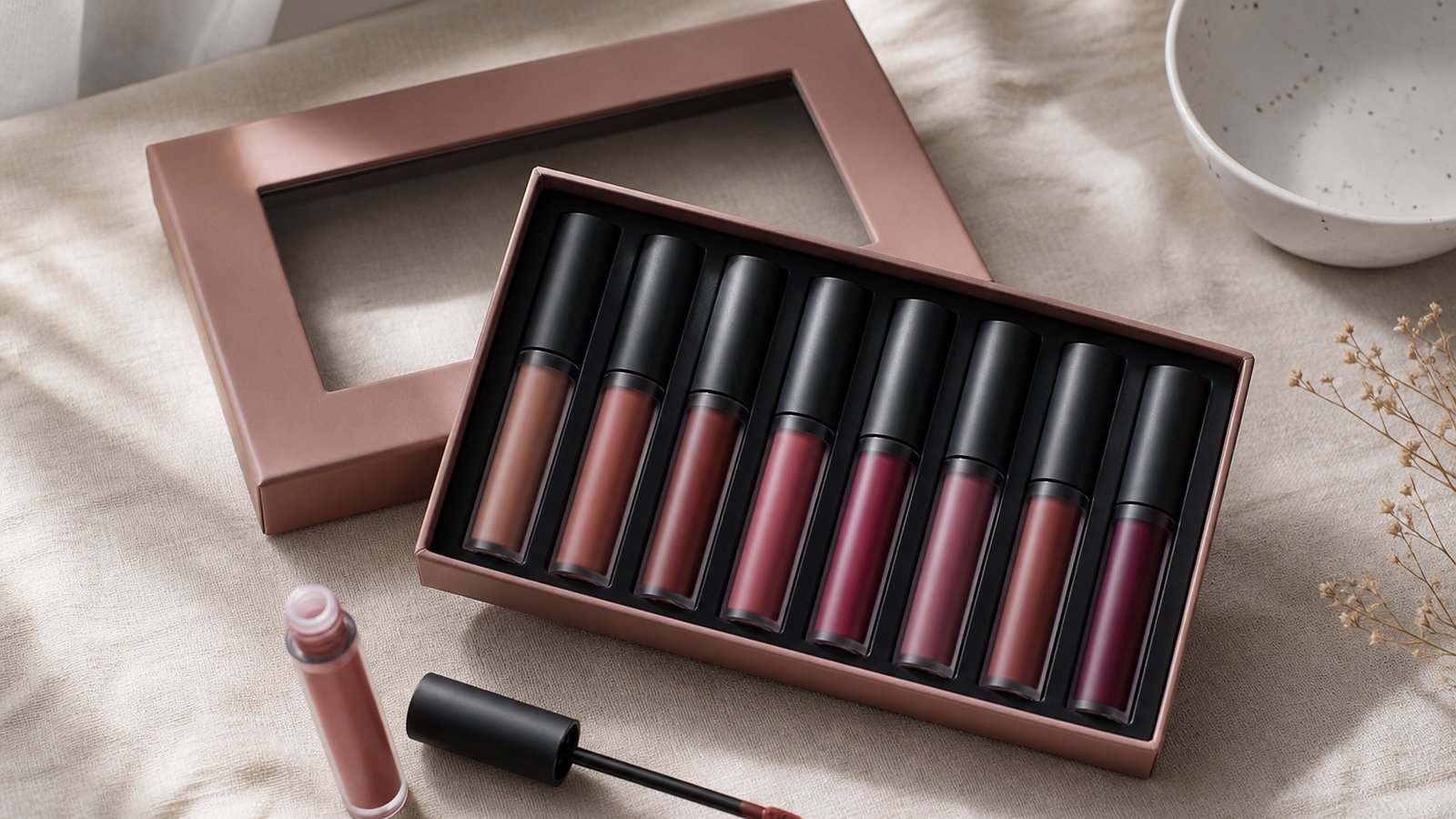 Eight-piece matte liquid lipstick set on a UK vanity