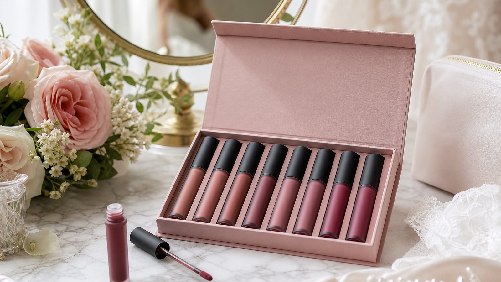 Nude matte liquid lipstick tubes on a bridal vanity