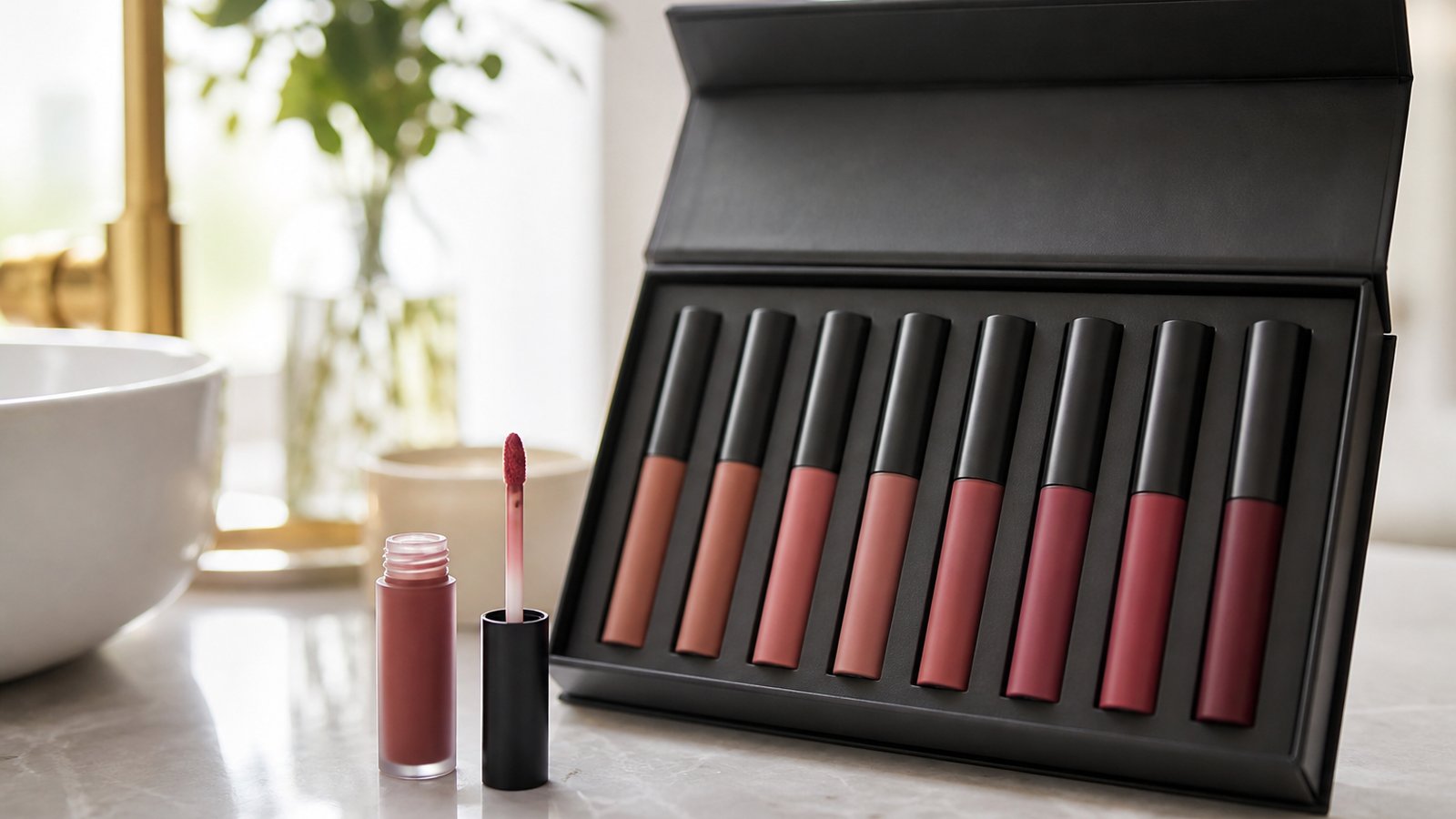 Doe-foot matte liquid lipstick applicator on a clean vanity