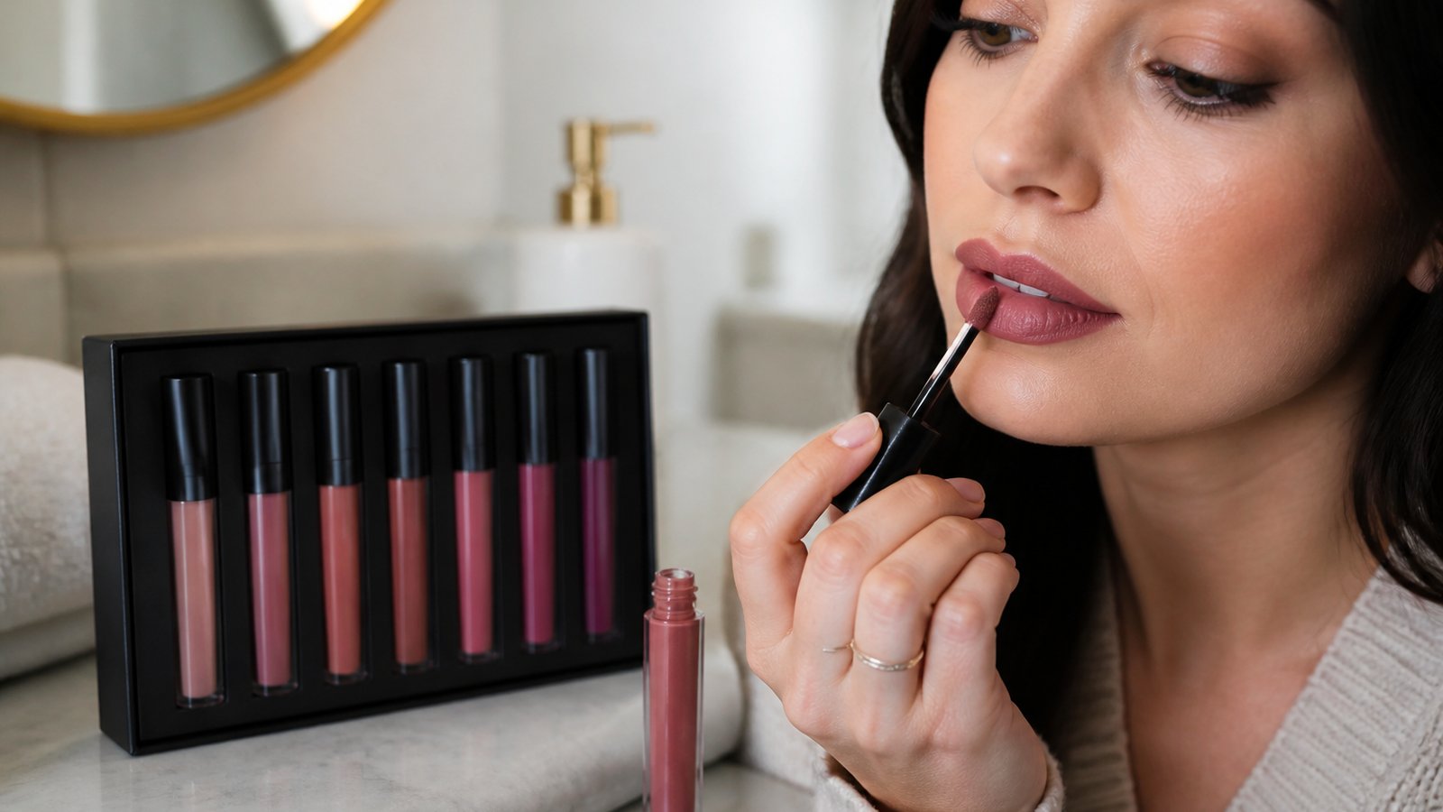 Doe-foot matte liquid lipstick applicator on a clean vanity