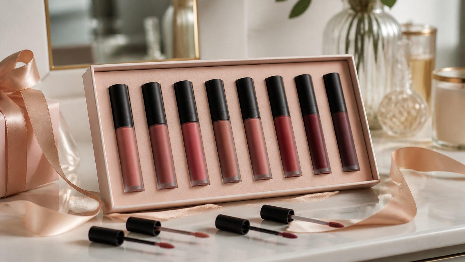 Gift-ready boxed matte liquid lipstick set on a dressing table