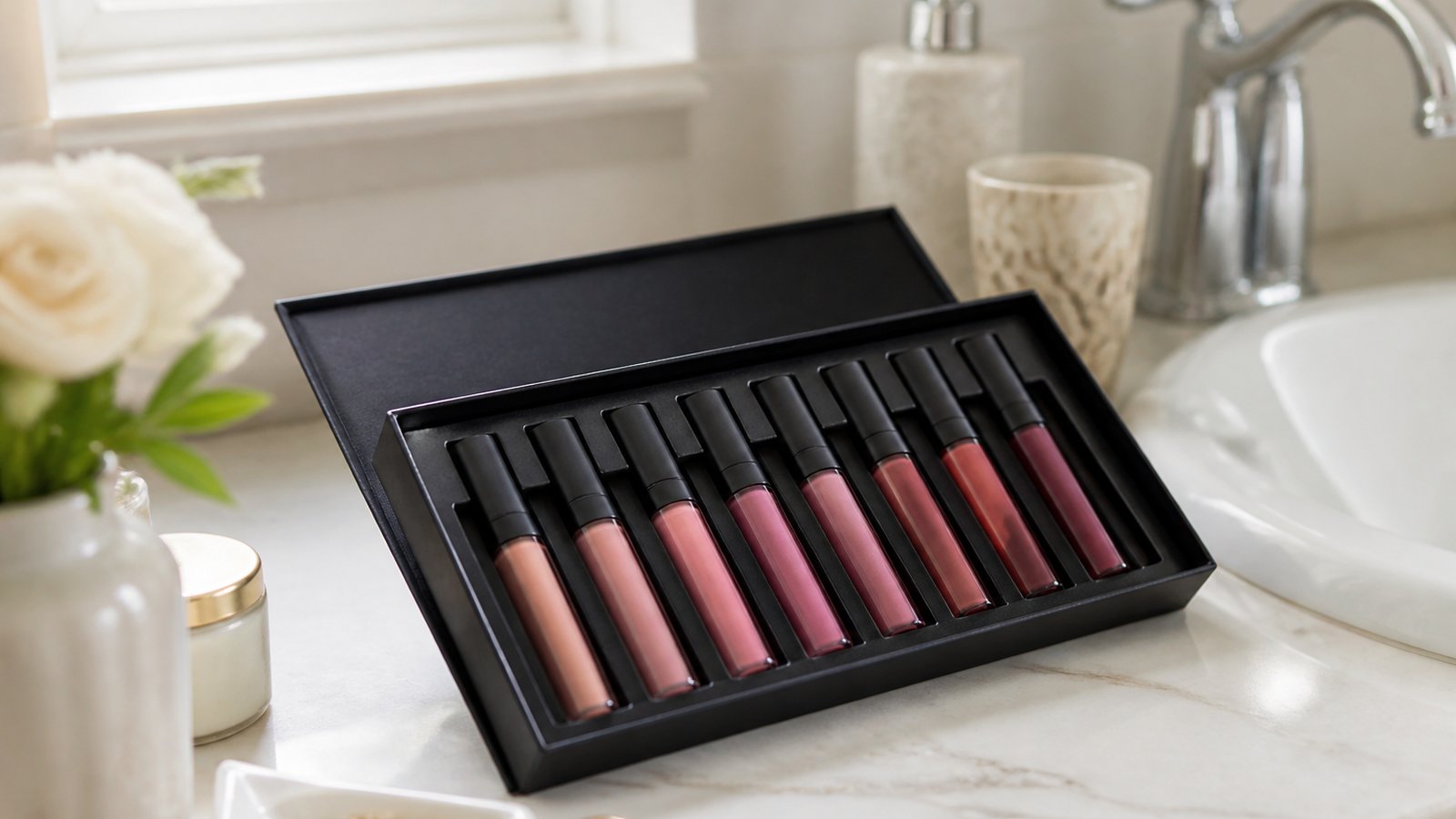 Eight-piece matte liquid lipstick set on a UK vanity