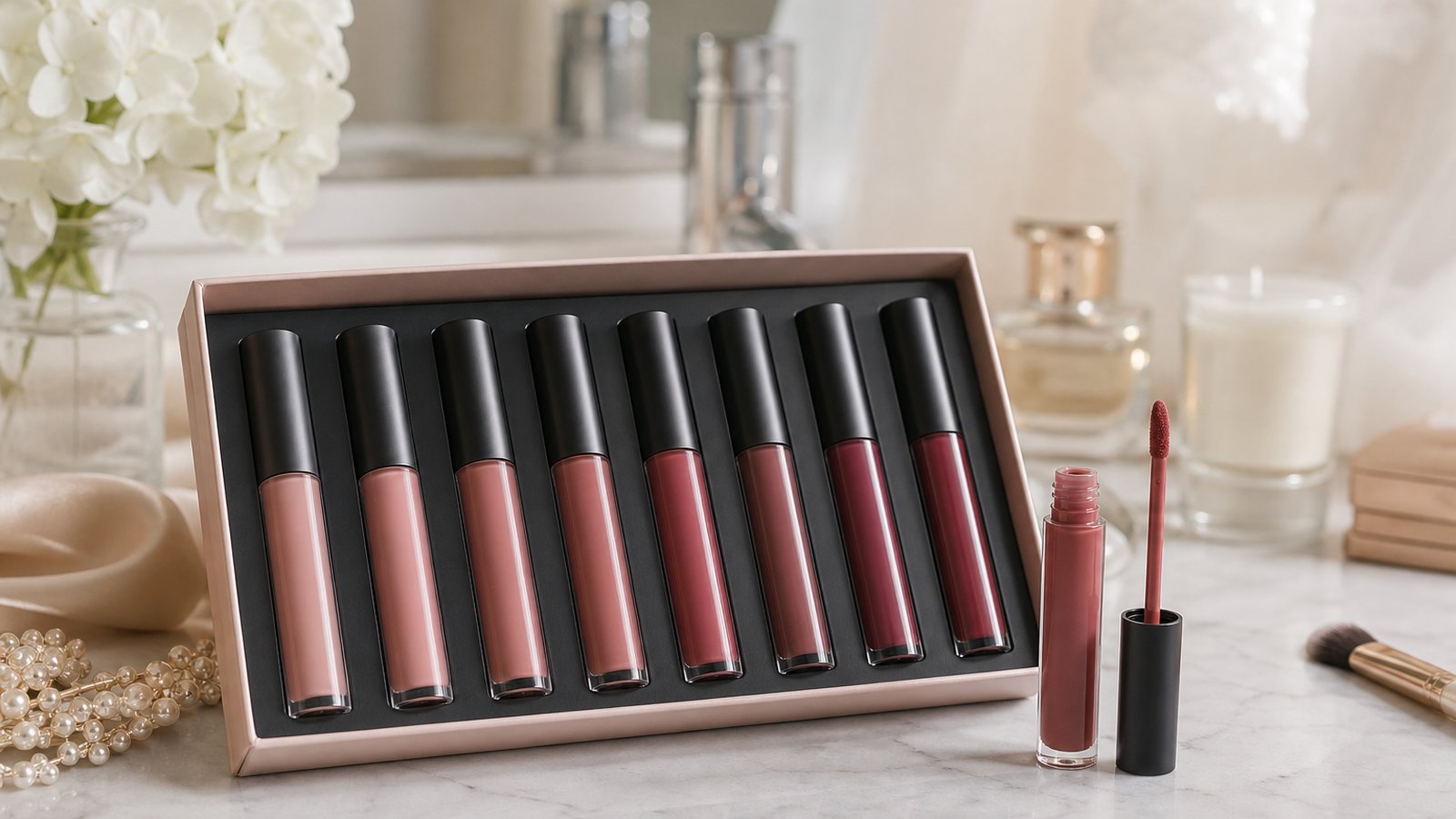 Nude matte liquid lipstick tubes on a bridal vanity