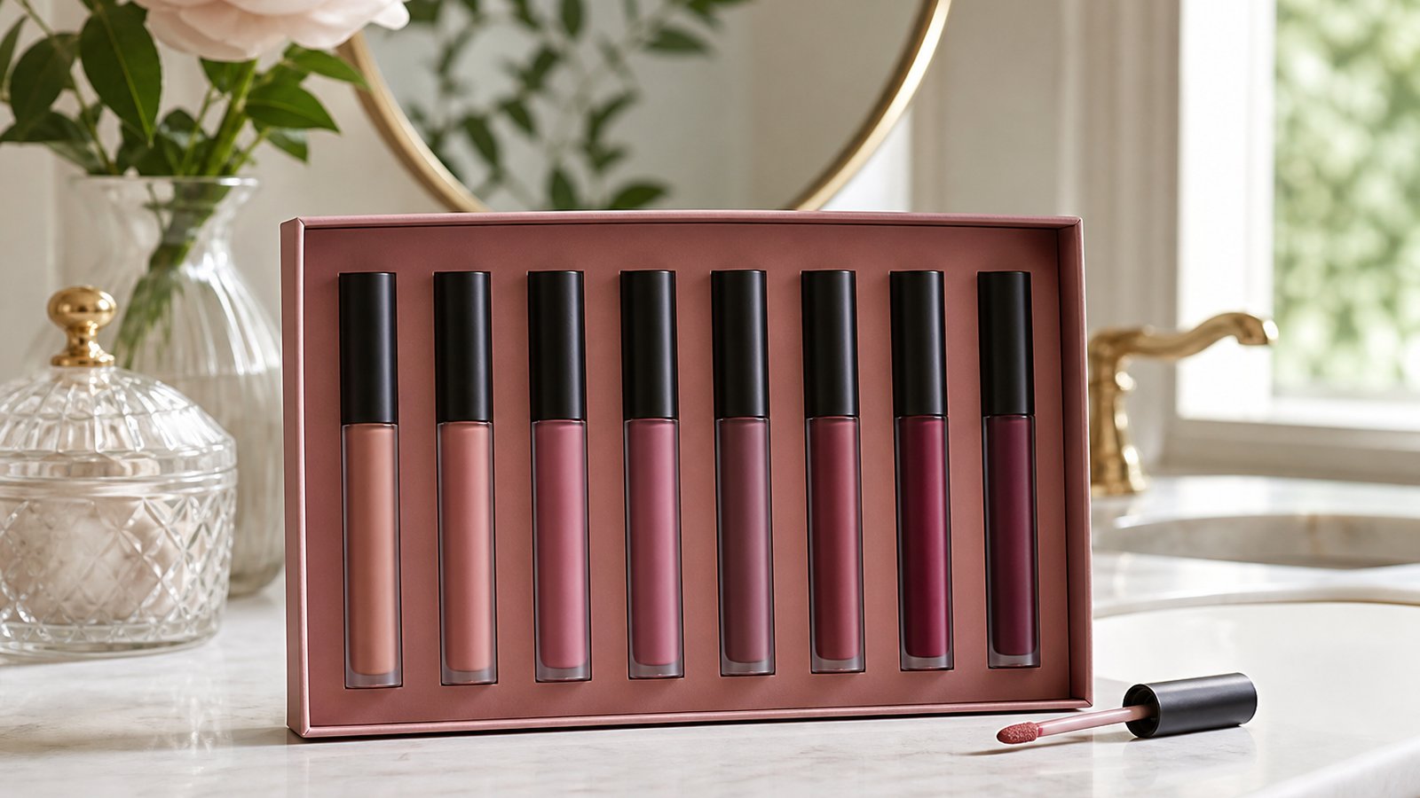 Eight-piece matte liquid lipstick set on a UK vanity