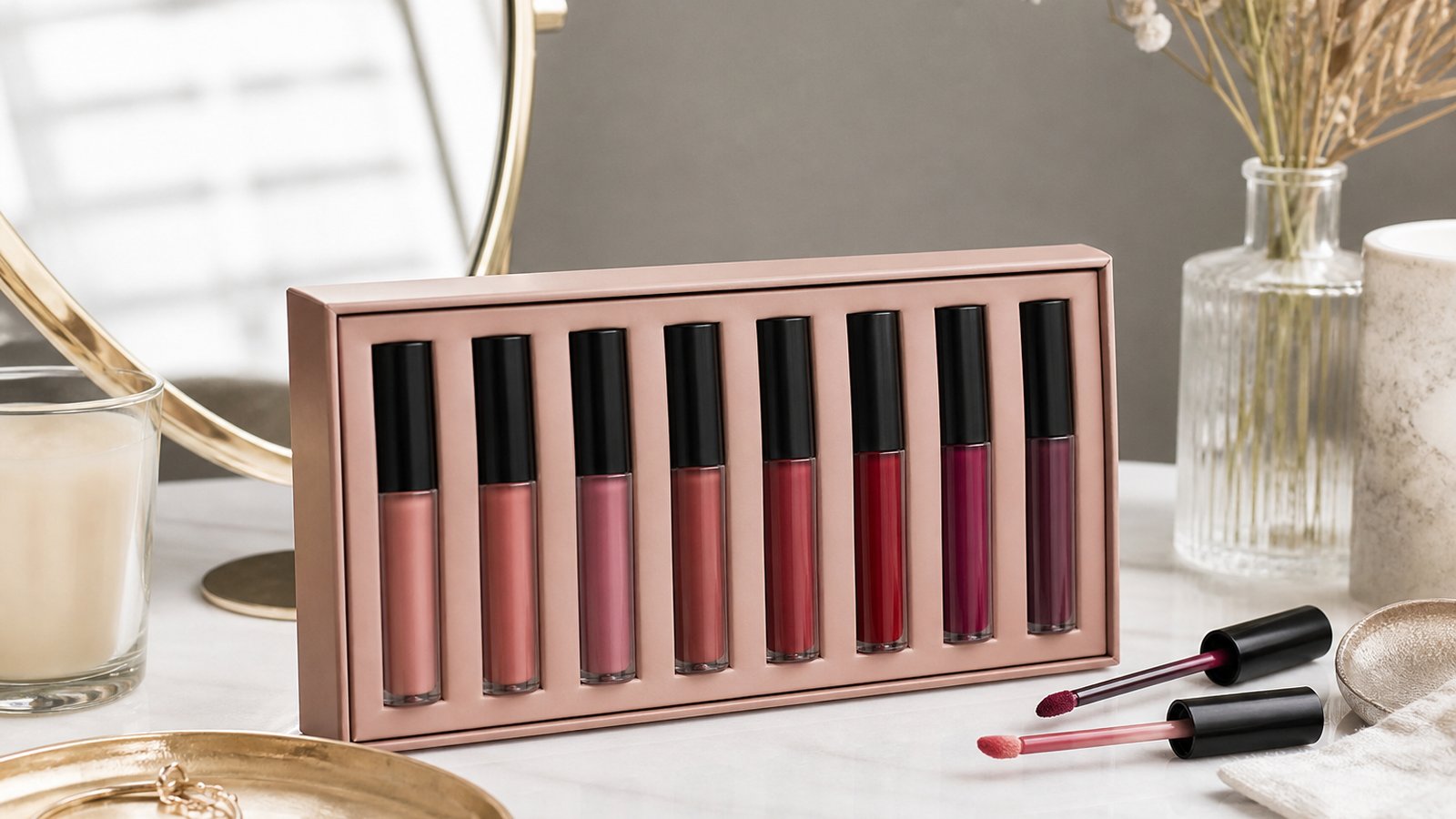 Eight-piece matte liquid lipstick set on a UK vanity