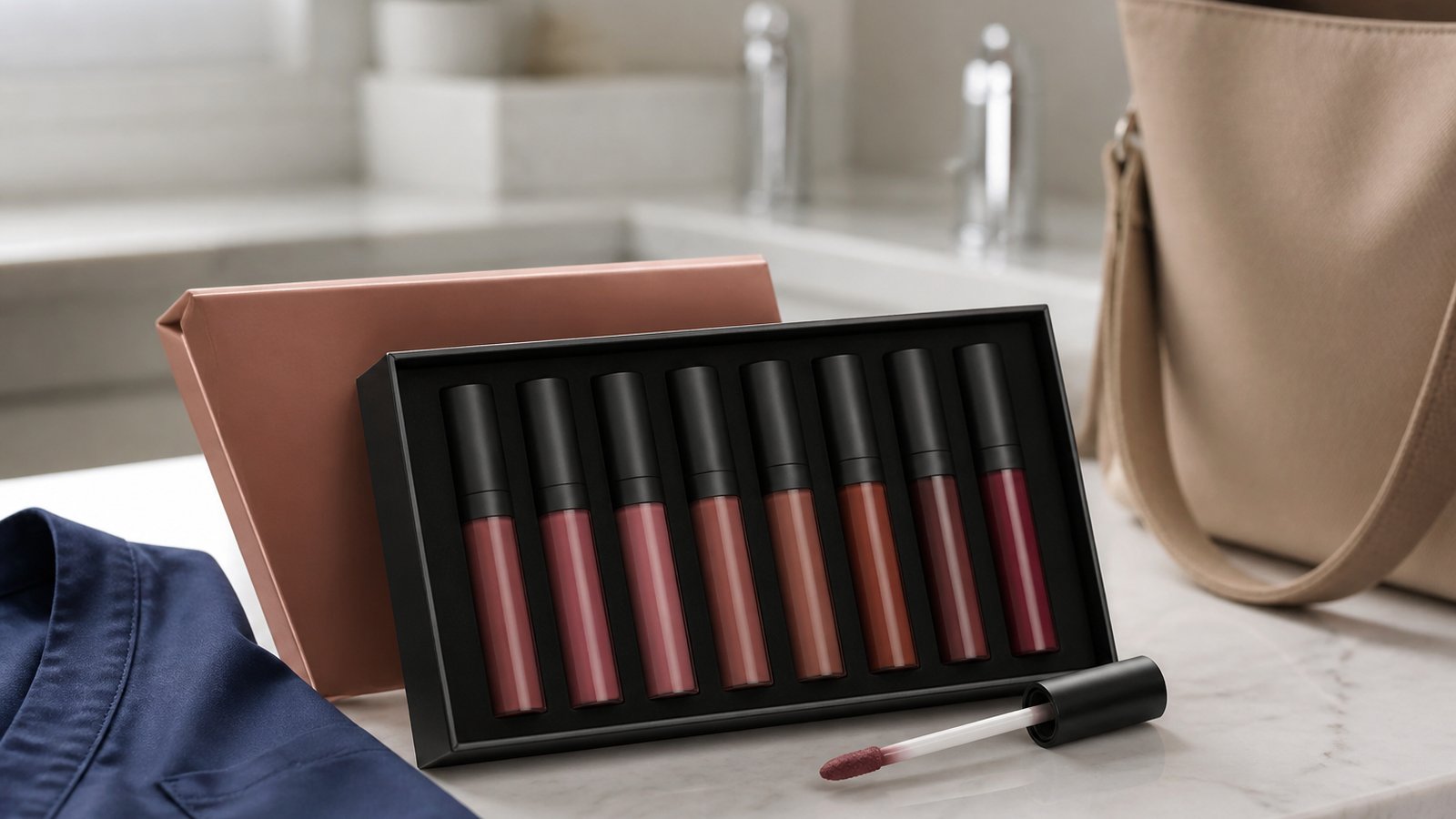Eight-piece matte liquid lipstick set on a UK vanity