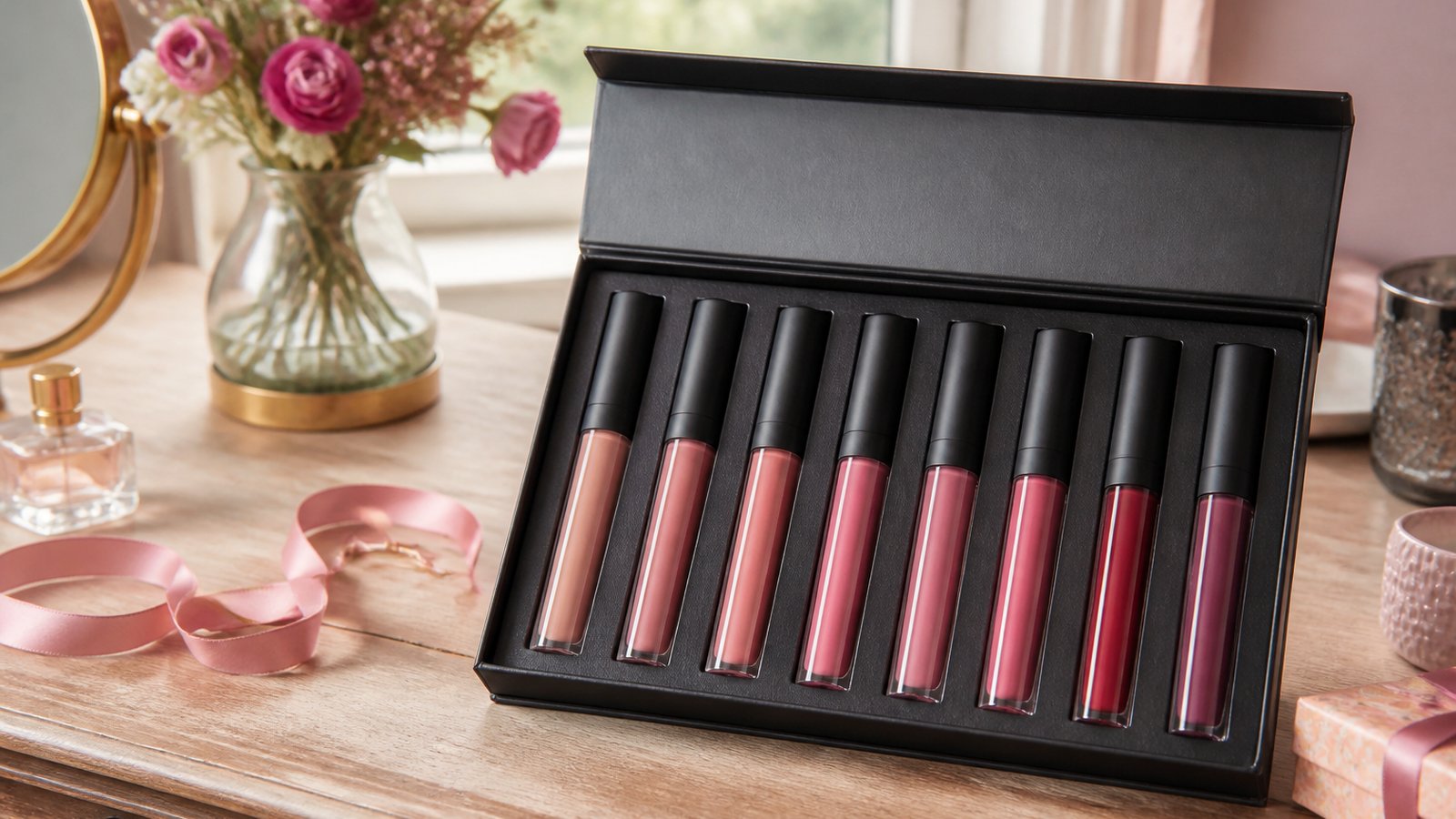 Gift-ready boxed matte liquid lipstick set on a dressing table