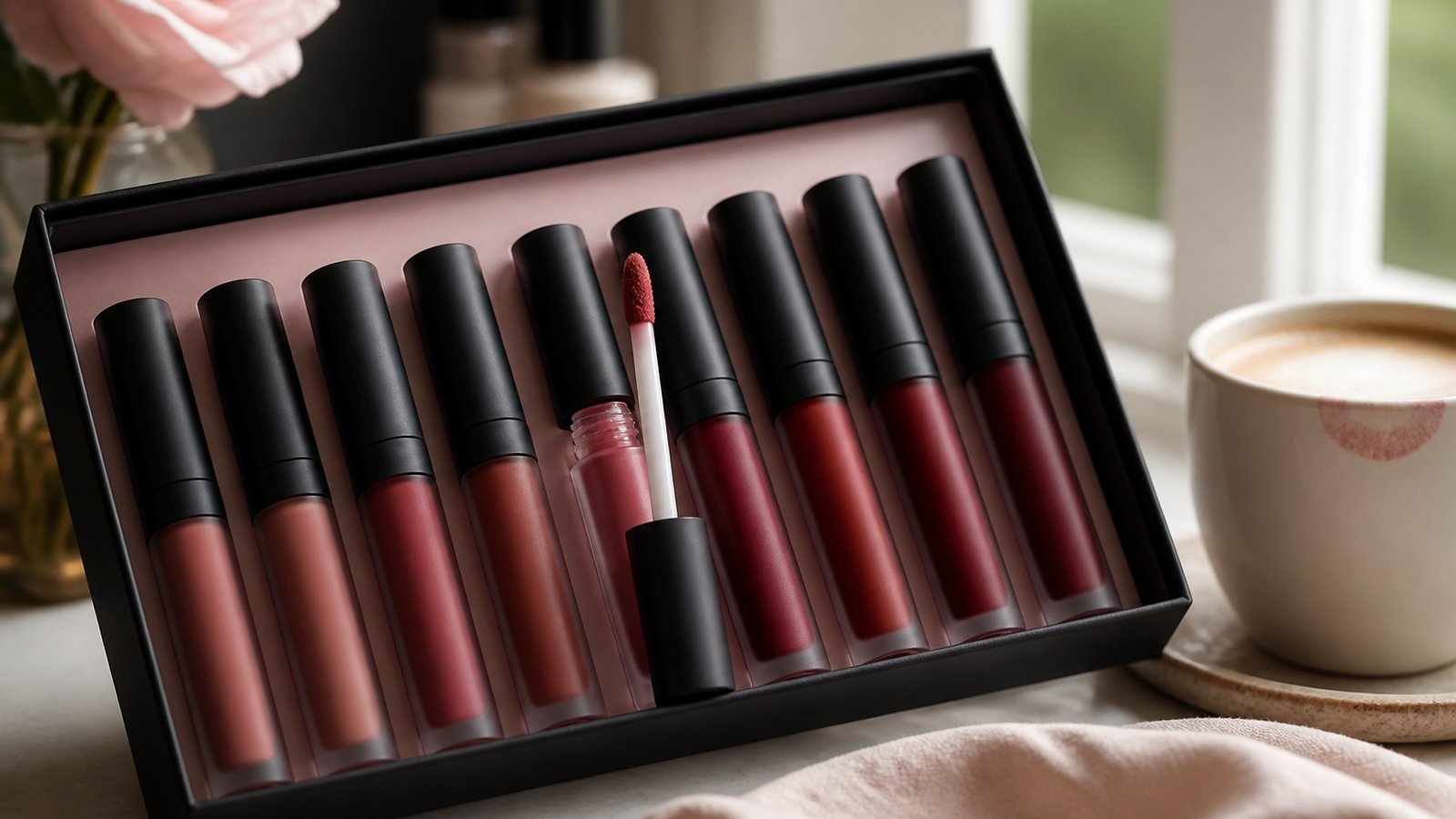 Eight-piece matte liquid lipstick set on a UK vanity