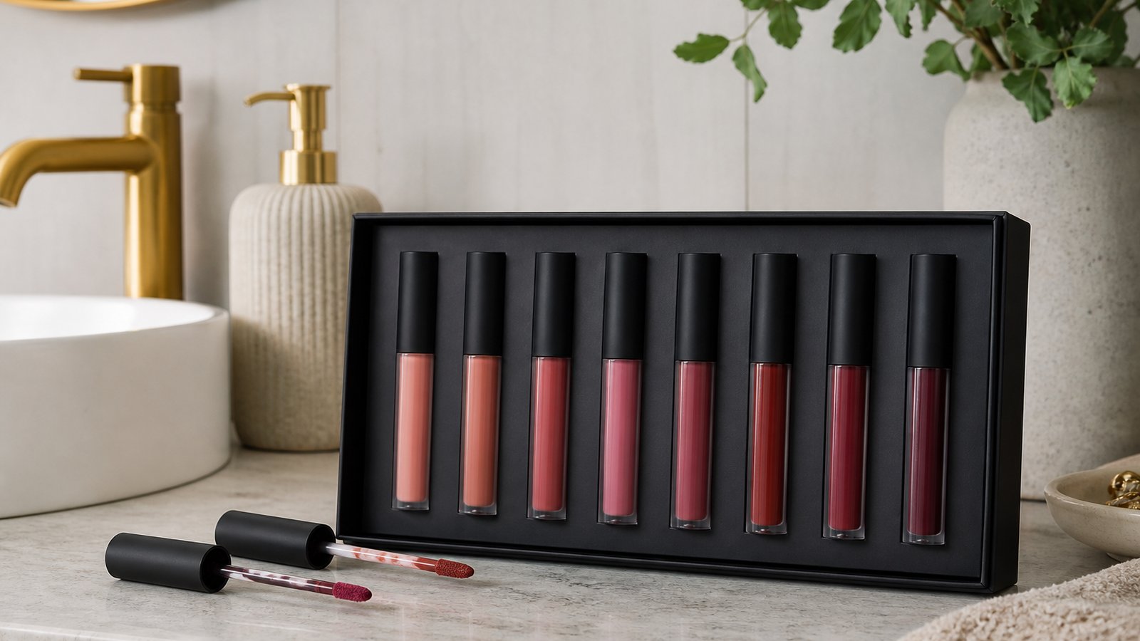 Eight-piece matte liquid lipstick set on a UK vanity