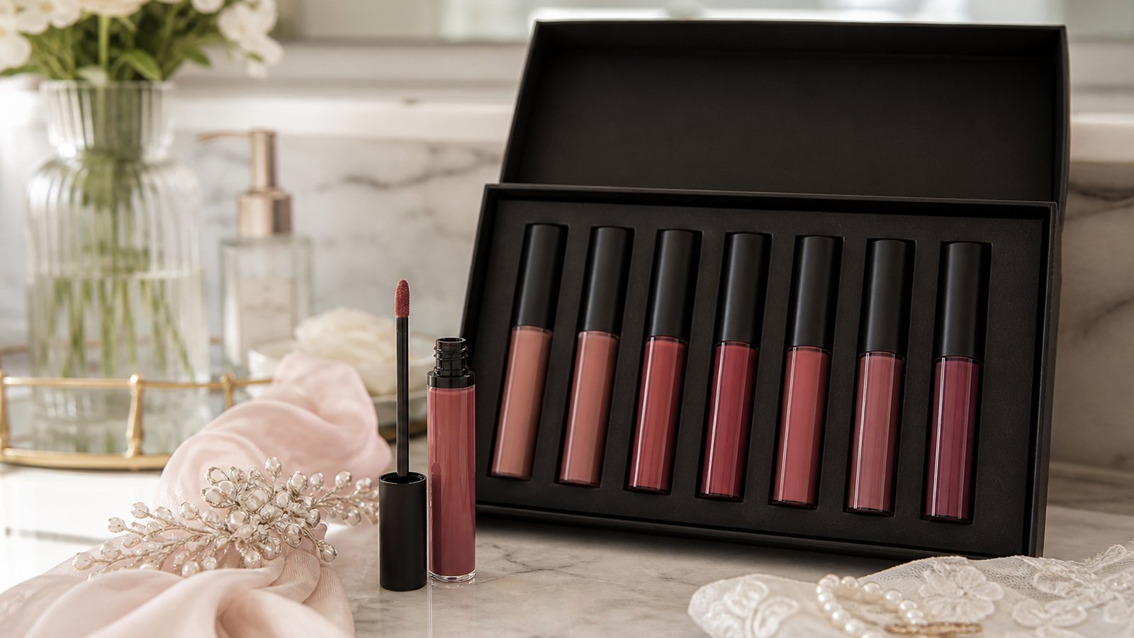 Nude matte liquid lipstick tubes on a bridal vanity