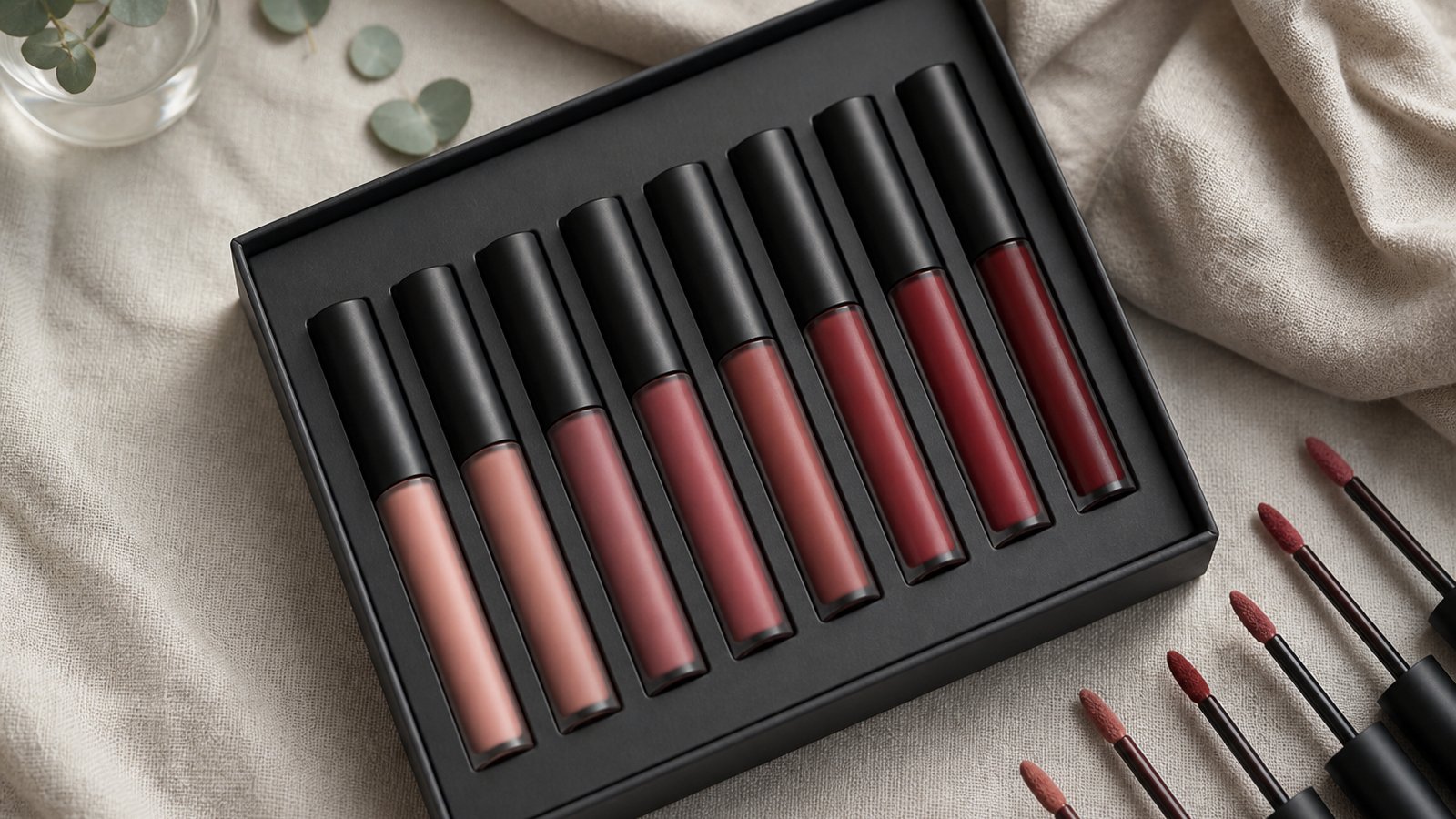 Budget eight-piece matte liquid lipstick set flat lay