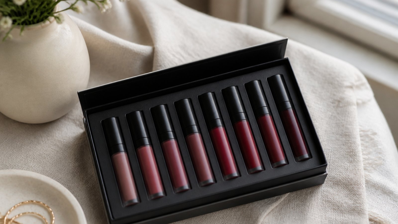 Budget eight-piece matte liquid lipstick set flat lay