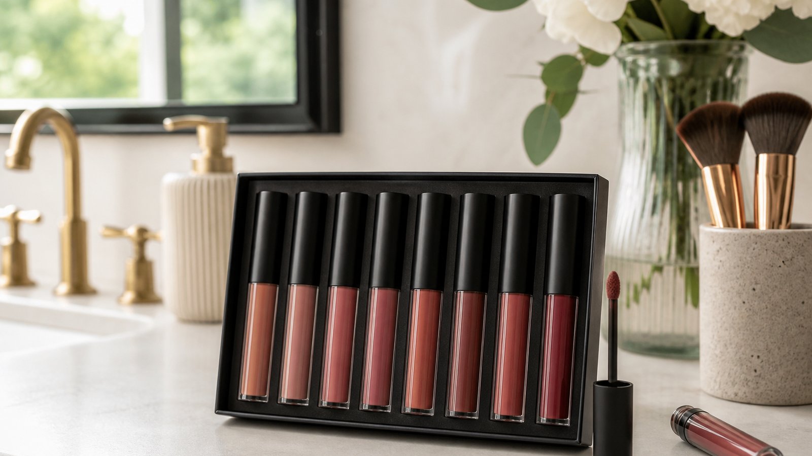 Eight-piece matte liquid lipstick set on a UK vanity