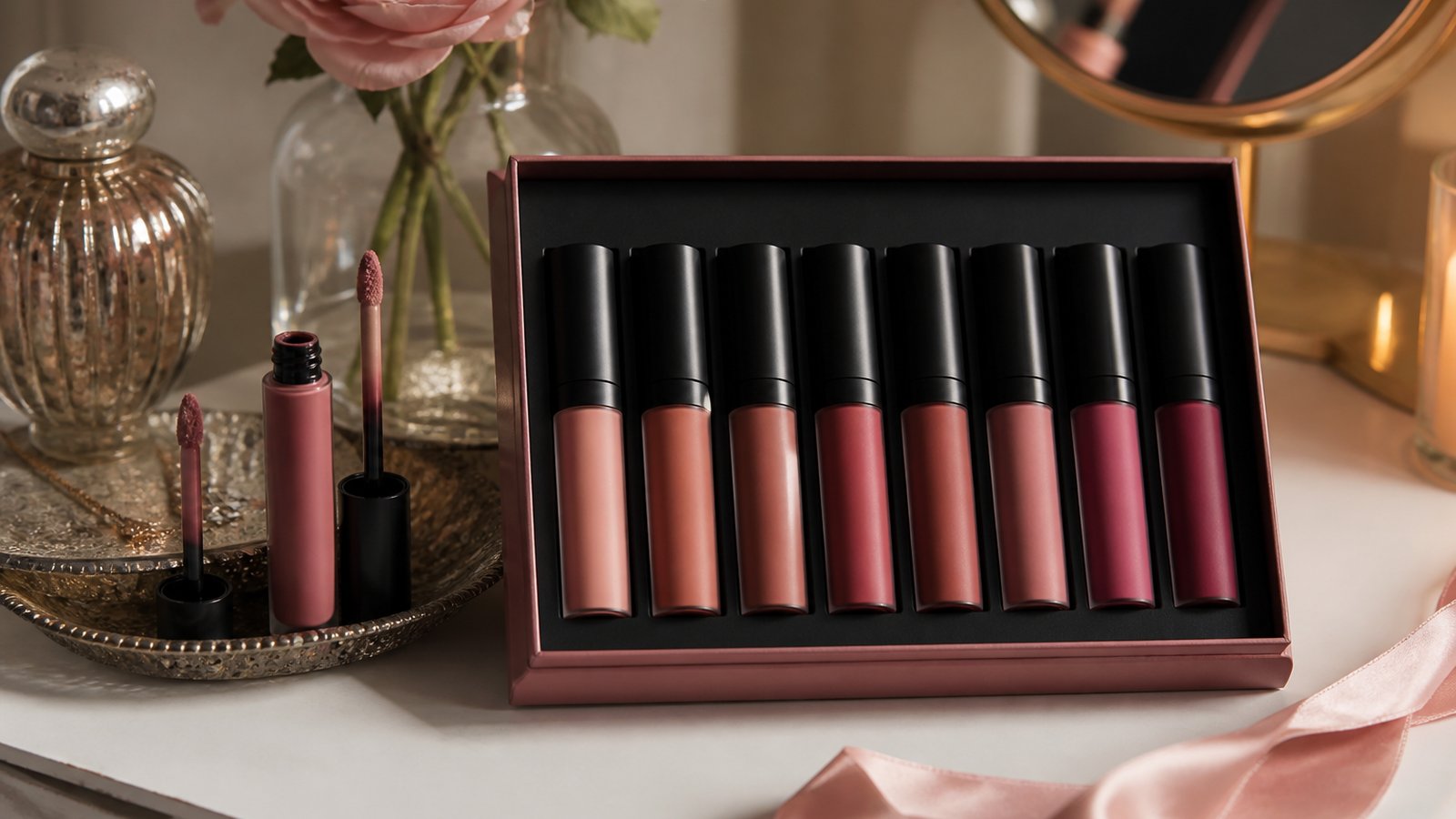 Gift-ready boxed matte liquid lipstick set on a dressing table