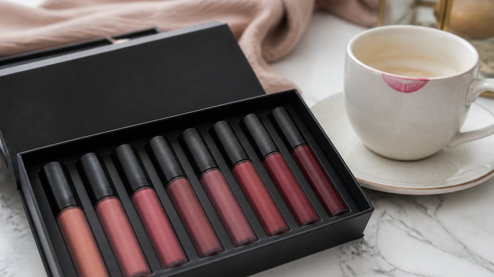 Eight-piece matte liquid lipstick set on a UK vanity