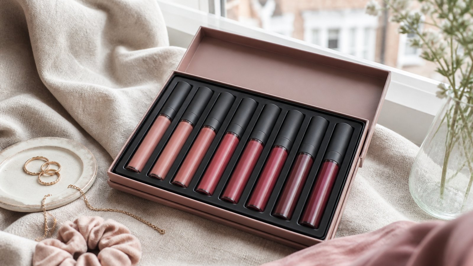 Budget eight-piece matte liquid lipstick set flat lay