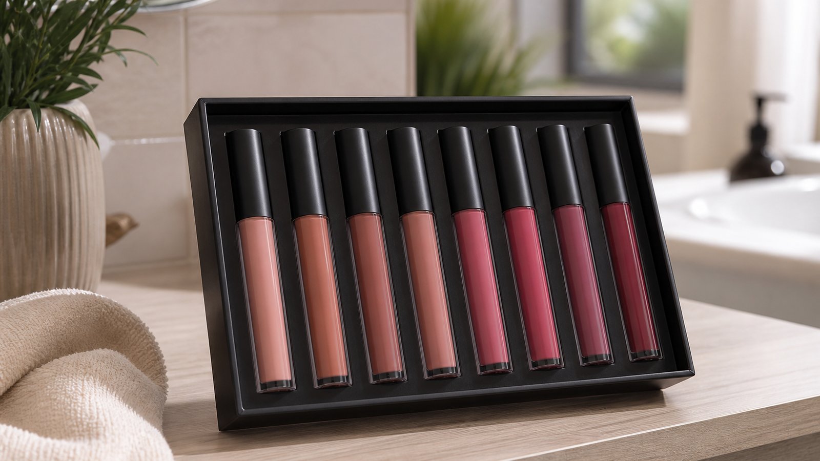 Eight-piece matte liquid lipstick set in comparison framing