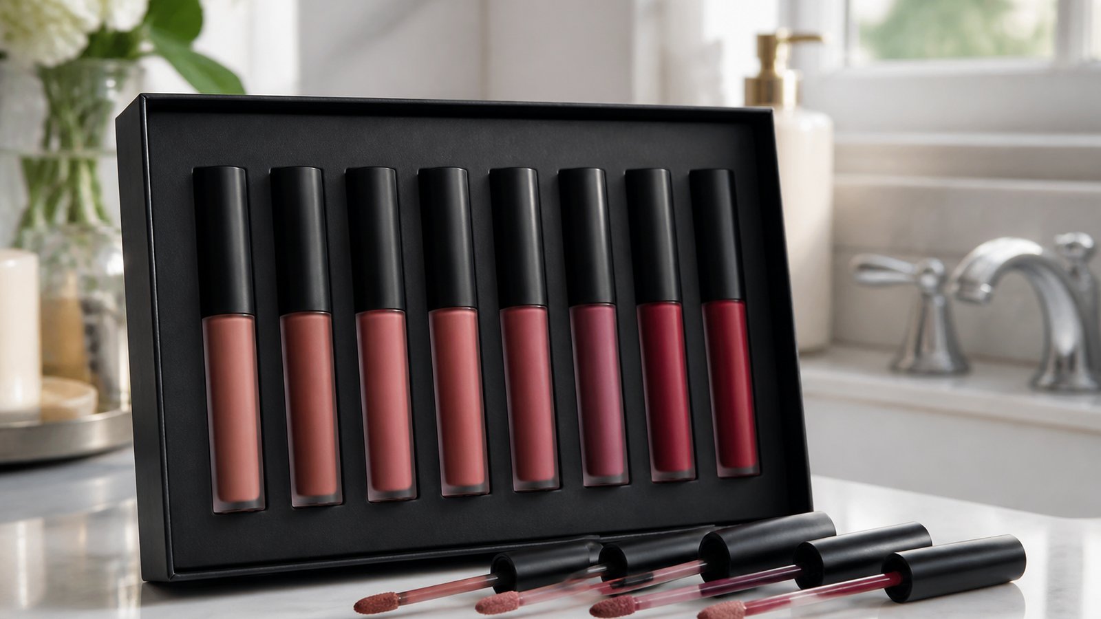 Eight-piece matte liquid lipstick set in comparison framing