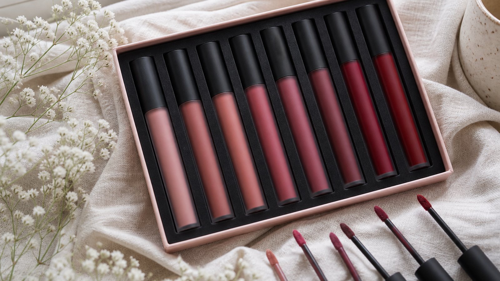 Budget eight-piece matte liquid lipstick set flat lay