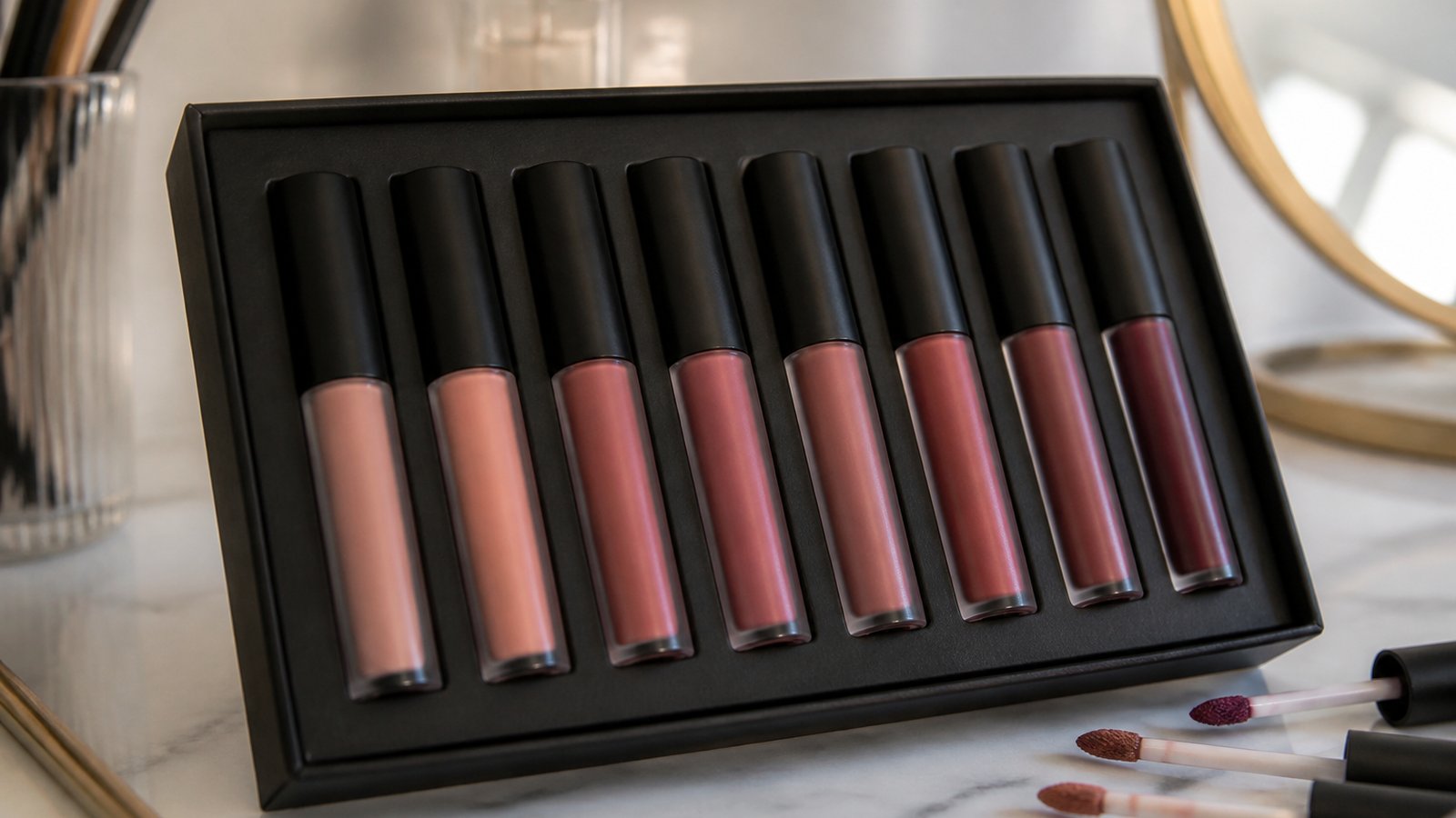 Eight-piece matte liquid lipstick set in comparison framing