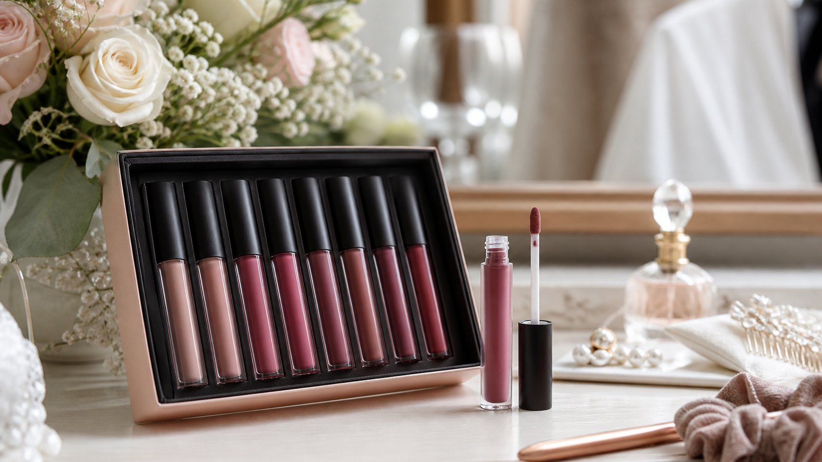 Nude matte liquid lipstick tubes on a bridal vanity